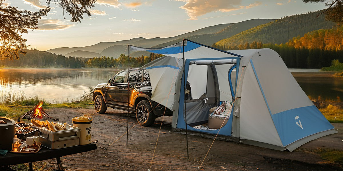 inflatable SUV tent attach to car back in outdoor