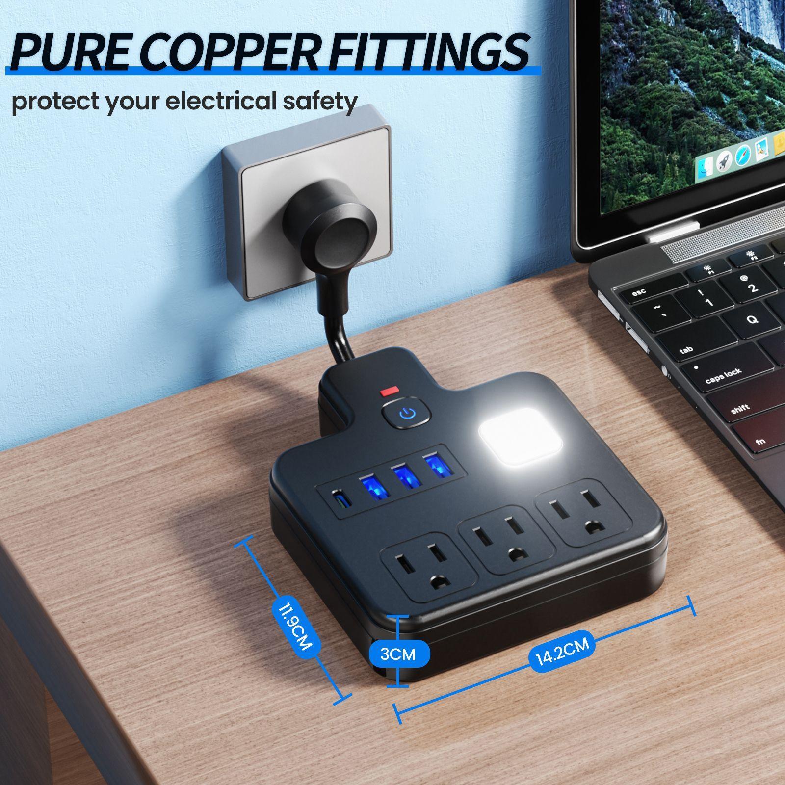 Joytutus US Plug Power Strip with 3 USB Ports & 1 Type-C Charging Port LED Night Light Surge Protector Wall Mountable for Home Car Travel