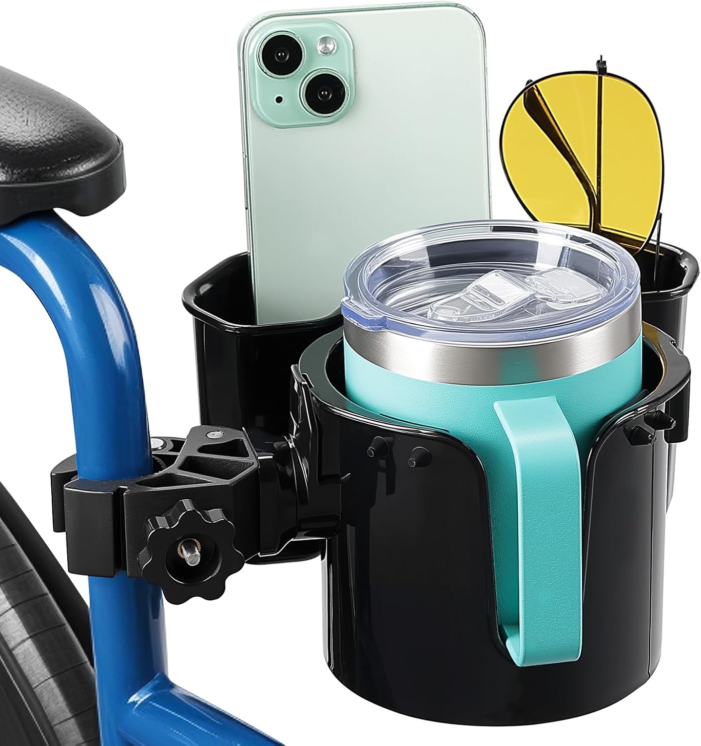 JOYTUTUS Wheelchair Cup Holder 2 Pack, 2-in-1 Walker Cup Holder with 6.4'' Storage Box, Drink Holder for Bottle with Handle, Fit for Wheelchair, Walker, Rollator, Stroller, Camper, Golf cart (Large)