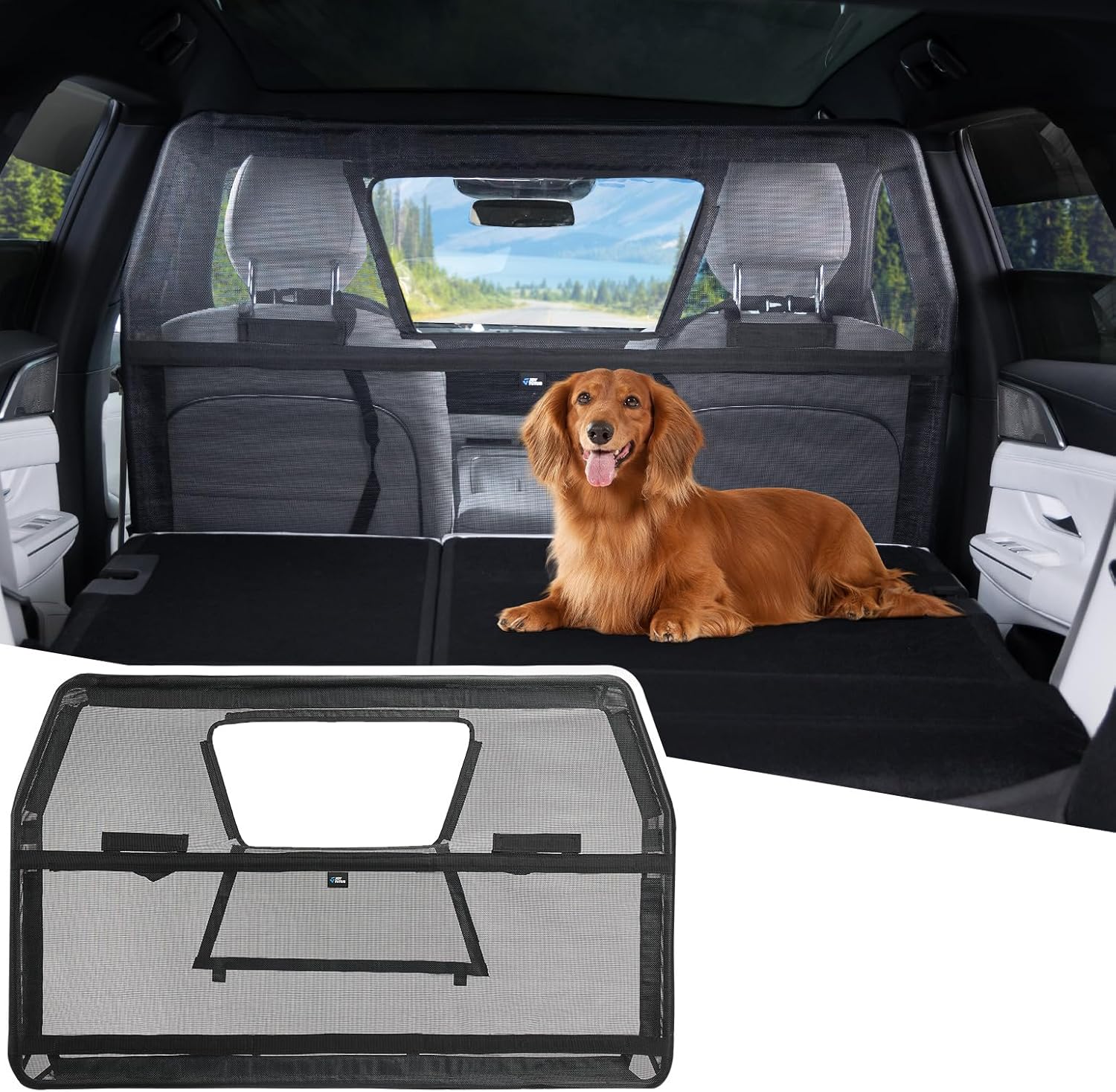 JOYTUTUS 46" Wide Dog Car Barrier with Removable Visual Window, Car Barrier for SUV Escape-Proof, Net for Cargo Area, Vehicle Gate for Dog Travel, Ideal for SUV & CUV & Hatchback‘ Cargo Area