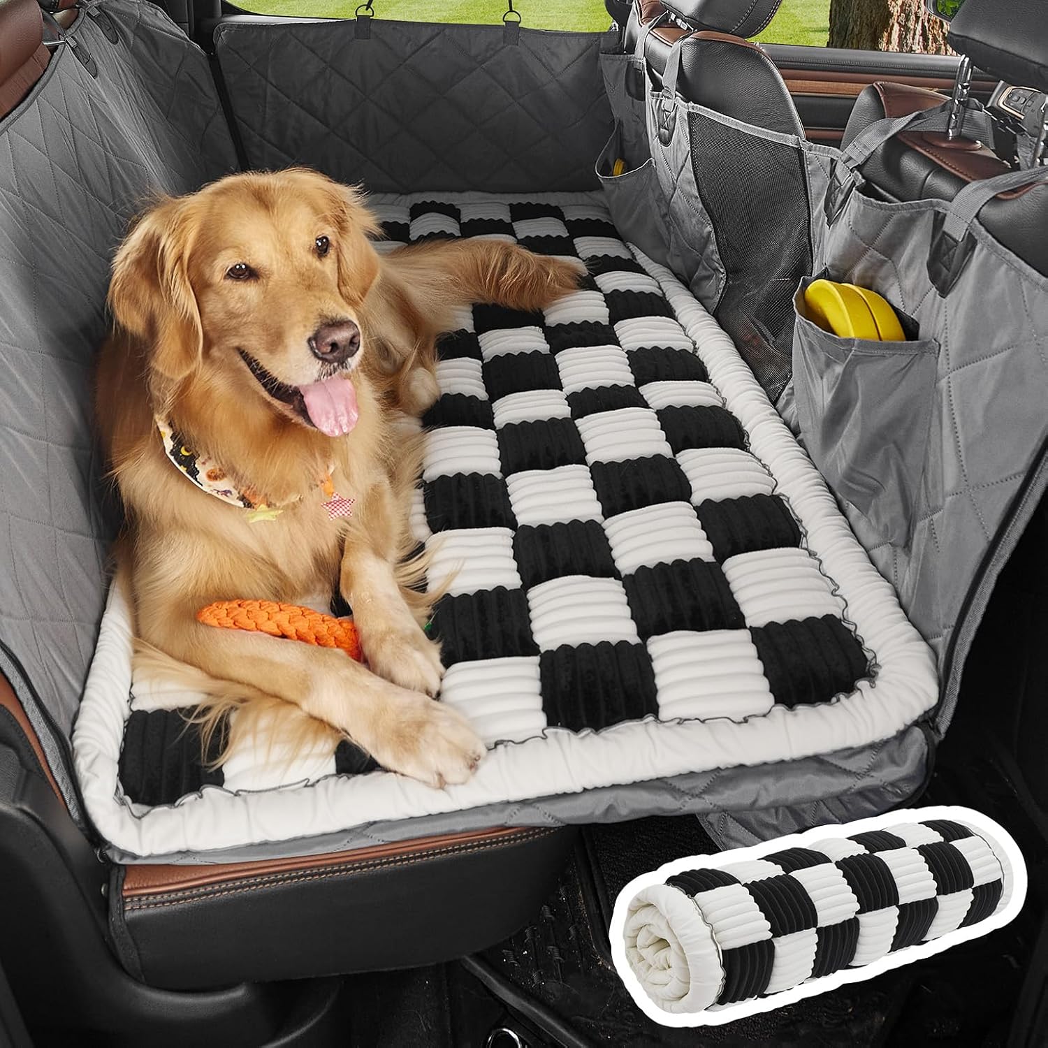 JOYTUTUS Dog Mat Bed for Back Seat Extender, Non-Slip Dog Bed Mat Custom Fit for Backseat Extenders (Black&White, 58 * 30 inches)