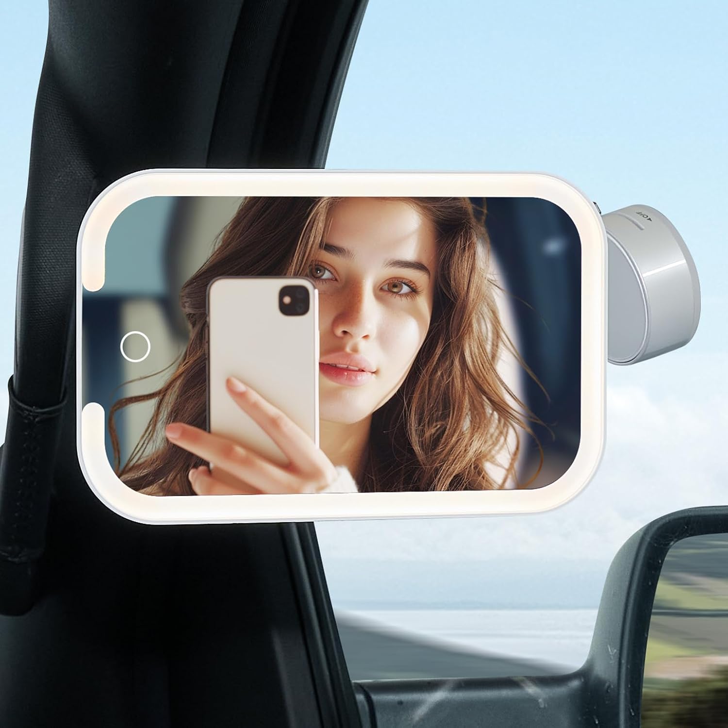 JOYTUTUS Car Vanity Mirror Suction Cup with Lights, Makeup Mirror with 3 Lighting Modes, Rechargeable Dimmable Touch Control Travel with 360 Rotation for Truck SUV Sedans