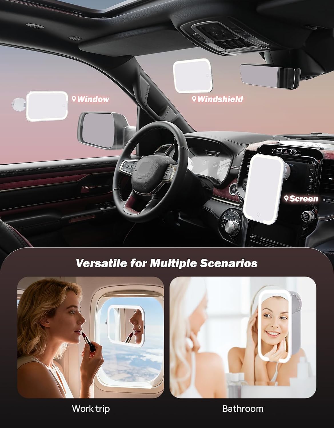 JOYTUTUS Car Vanity Mirror Suction Cup with Lights, Makeup Mirror with 3 Lighting Modes, Rechargeable Dimmable Touch Control Travel with 360 Rotation for Truck SUV Sedans