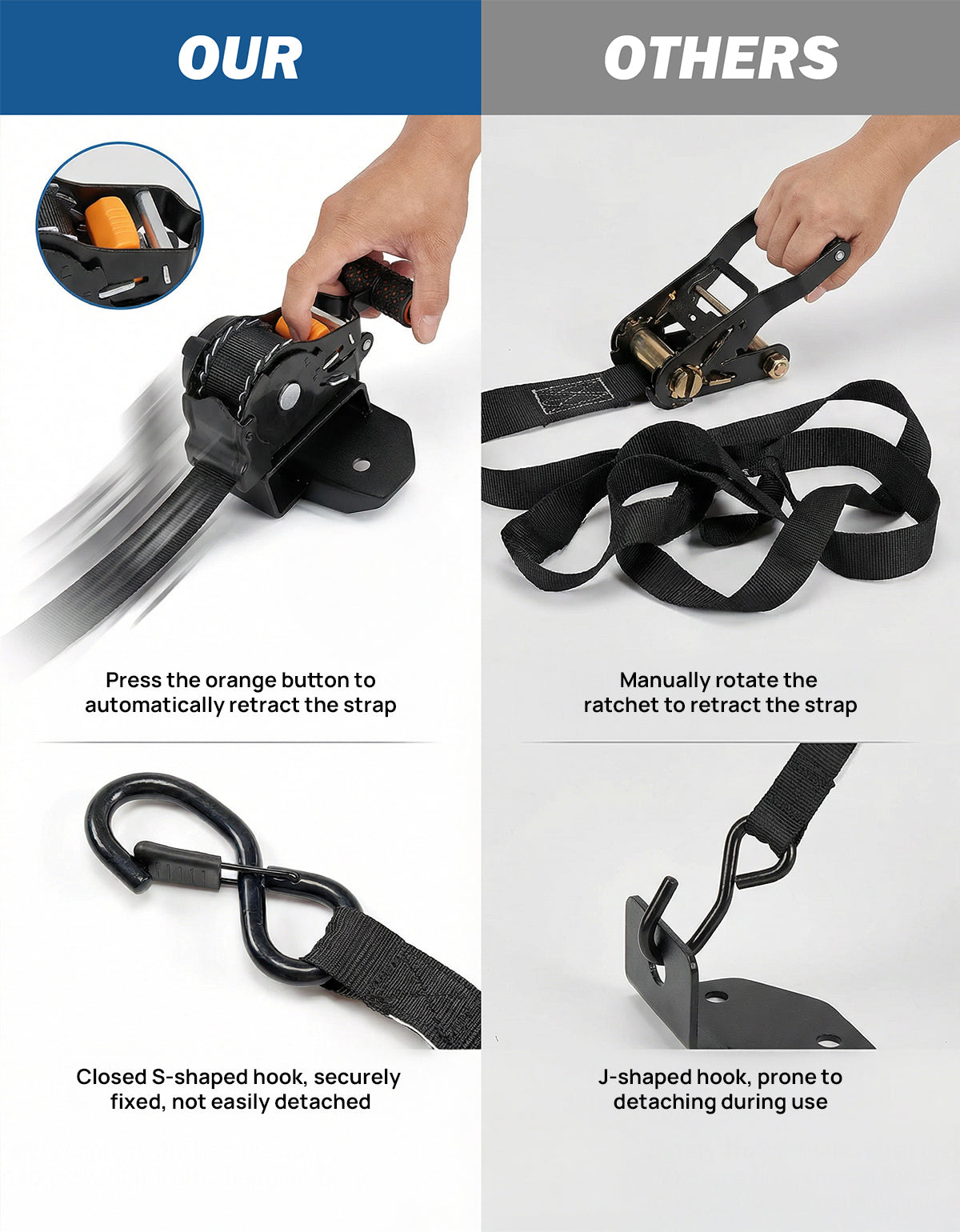 Auto Retractable Ratchet Straps for Square Tube – 10 ft, 1500 lbs, 2-Pack