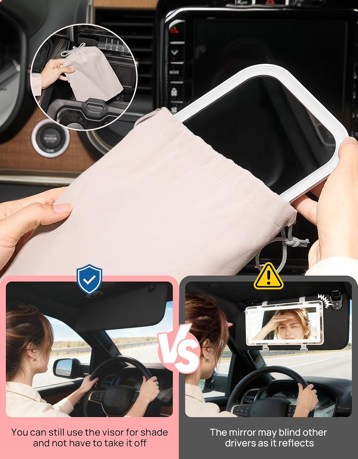 JOYTUTUS Car Vanity Mirror Suction Cup with Lights, Makeup Mirror with 3 Lighting Modes, Rechargeable Dimmable Touch Control Travel with 360 Rotation for Truck SUV Sedans
