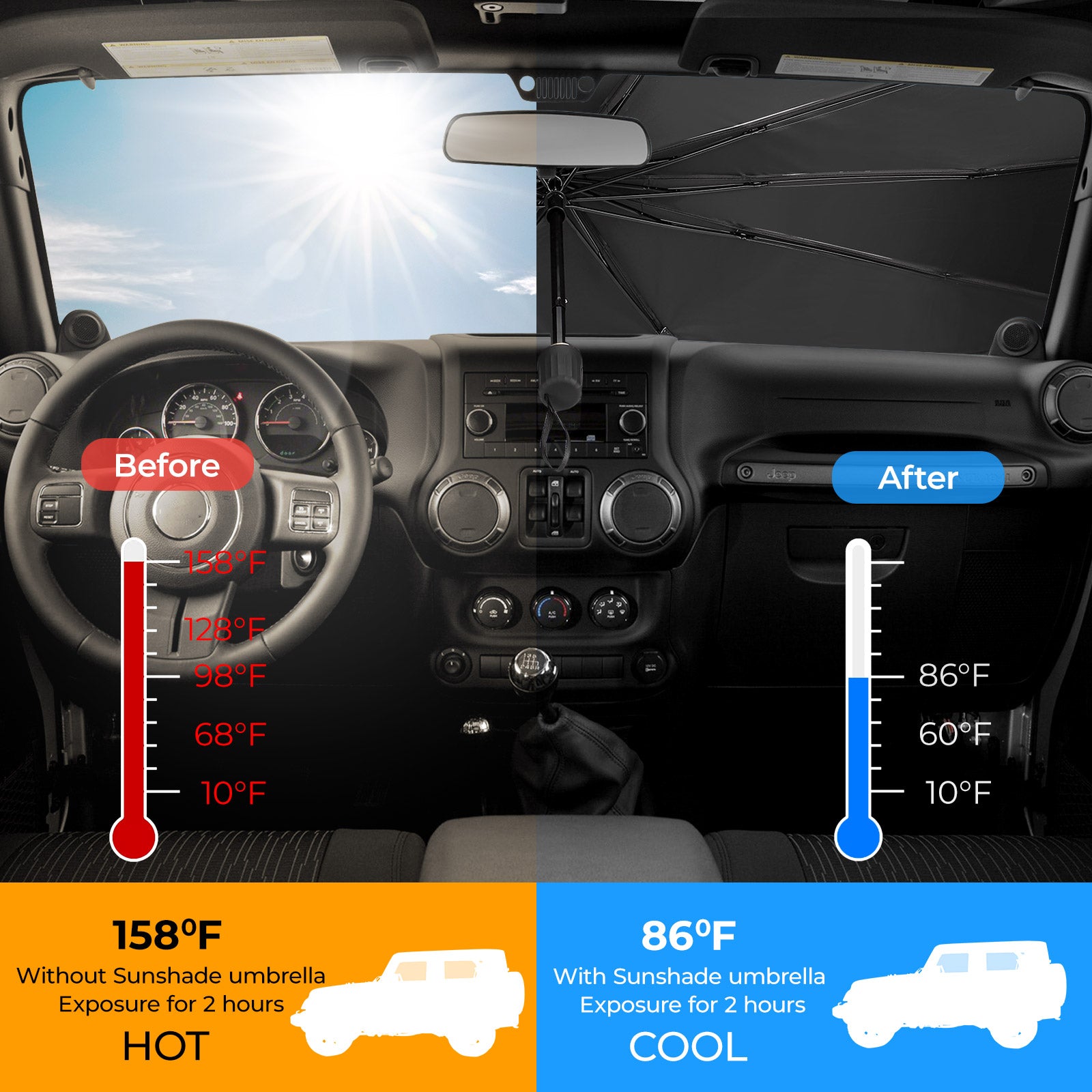 Windshield Sun Shade Umbrella for Wrangler JK/JKU 2007–2018