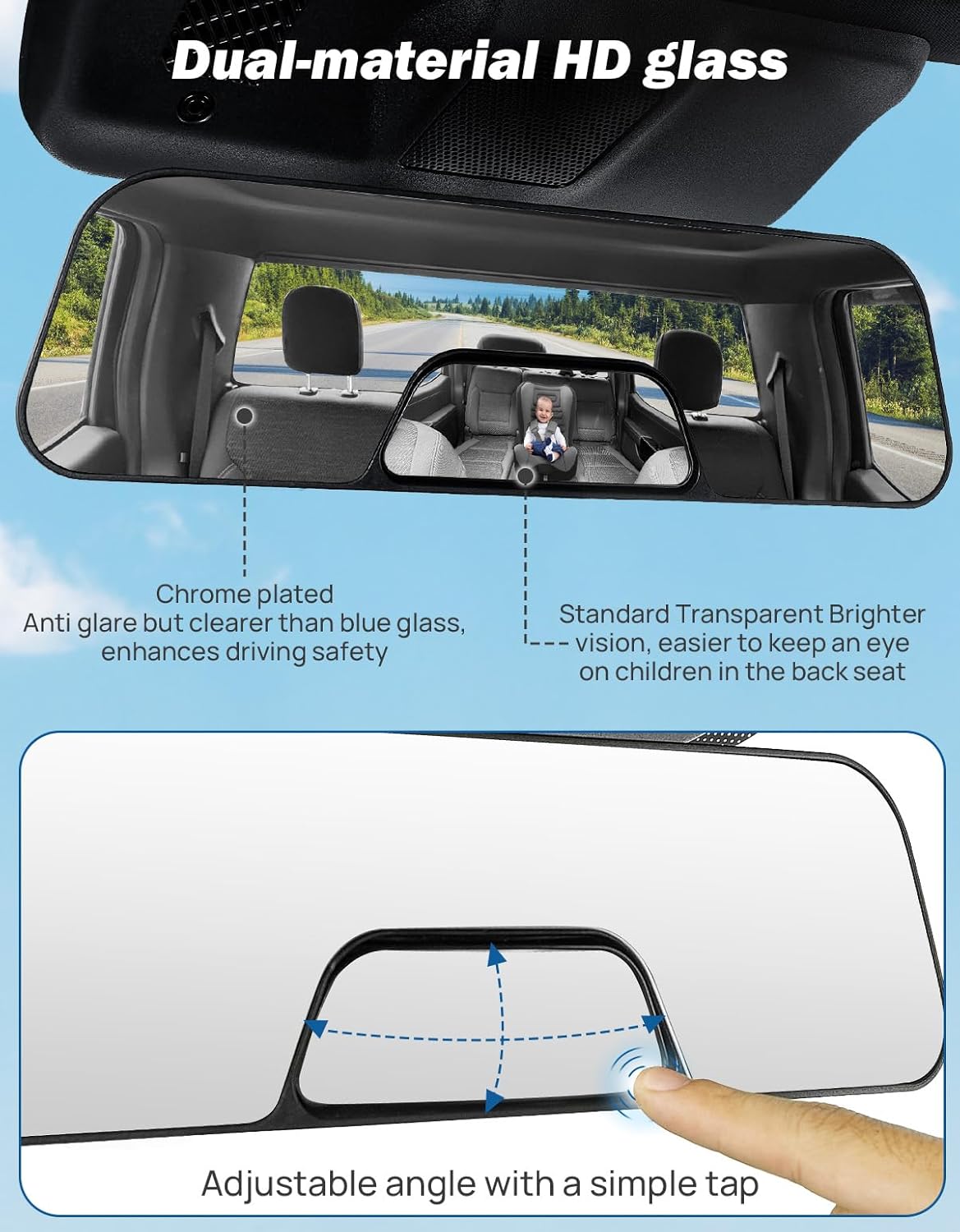 JOYTUTUS Rear View Mirror, 12 Inch Panoramic Anti-Glare Rearview with baby Mirror, Interior Clip-on Wide Angle Convex to Reduce Blind Spot, Effectively for More Car SUV Trucks