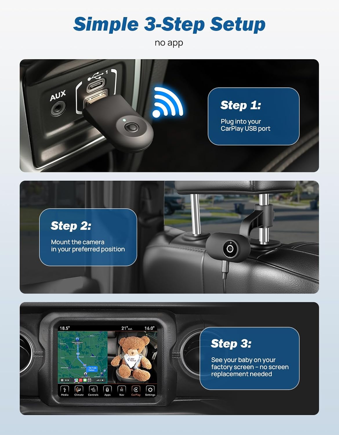 JOYTUTUS Baby Car Camera with Wireless CarPlay Adapter, Baby Car Monitor 4 Viewing Modes, Rear Seat Monitor on Factory Screen, Auto Reconnect, 150° Wide Angle, Compatible with iPhone iOS 10+
