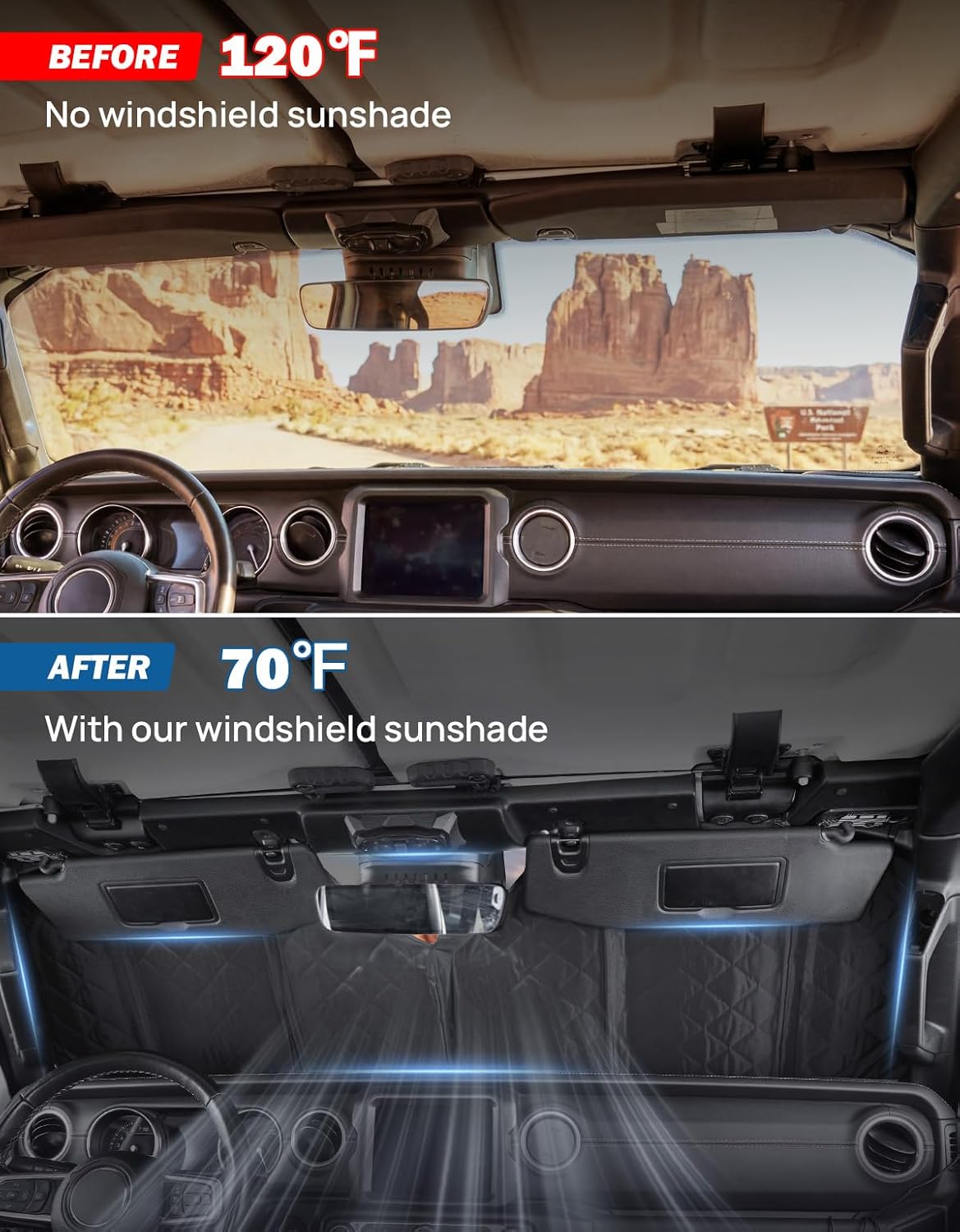 JOYTUTUS Windshield Sun Shade Compatible with Jeep Wrangler JL/JK 2007-2026, Gladiator 2020-2026 Front Window Sunshade - 4-Layer Sunshade