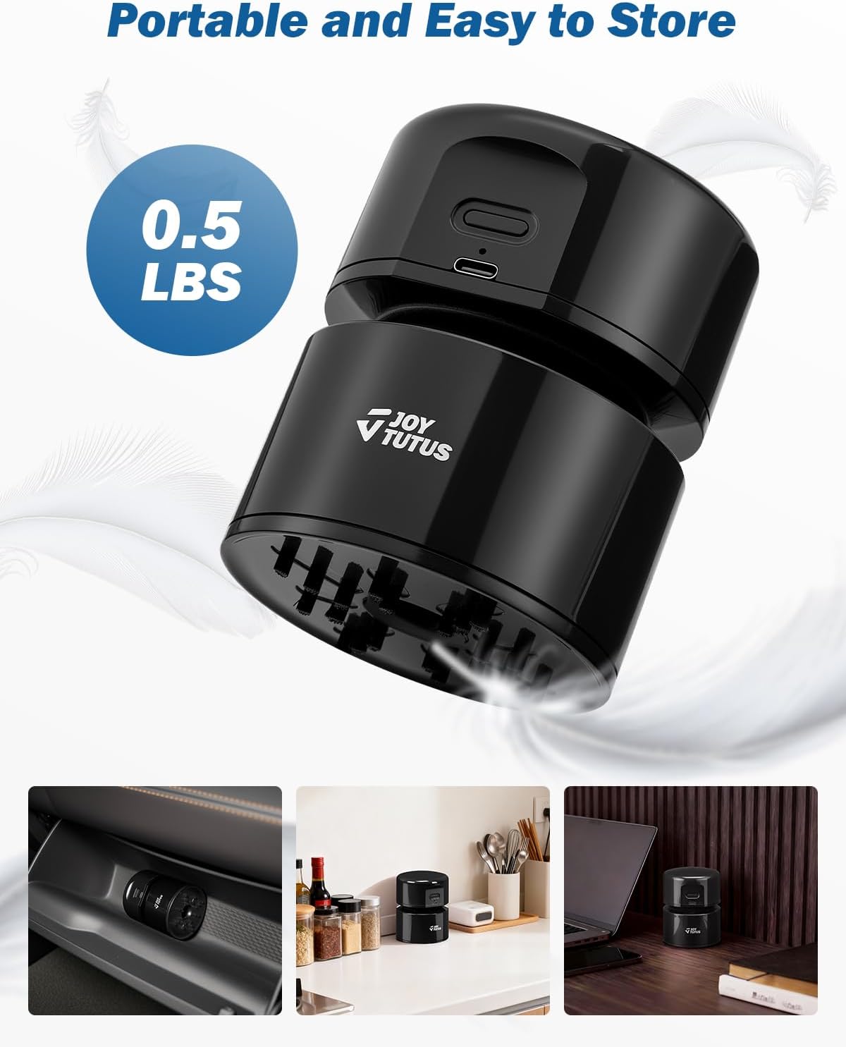 JOYTUTUS Mini Vacuum Cleaner Car Vacuum Portable Cordless 360º Rotatable Handheld Vacuum 2 Suction Modes USB for Car/Home/Pet Hair/Office/Desk/Keyboards Black