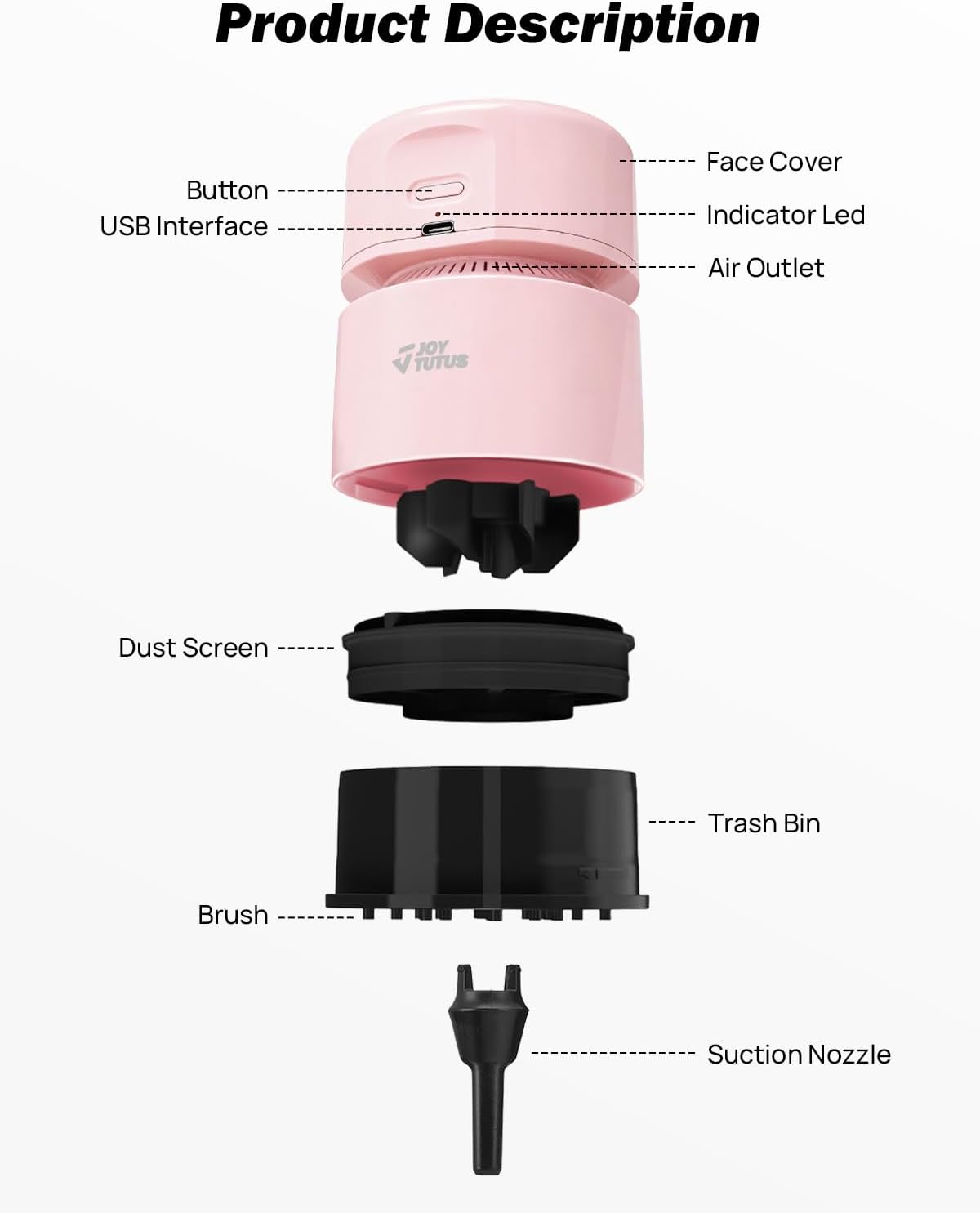 JOYTUTUS Mini Vacuum Cleaner Car Vacuum Portable Cordless 360º Rotatable Handheld Vacuum 2 Suction Modes USB for Car/Home/Pet Hair/Office/Desk/Keyboards Pink