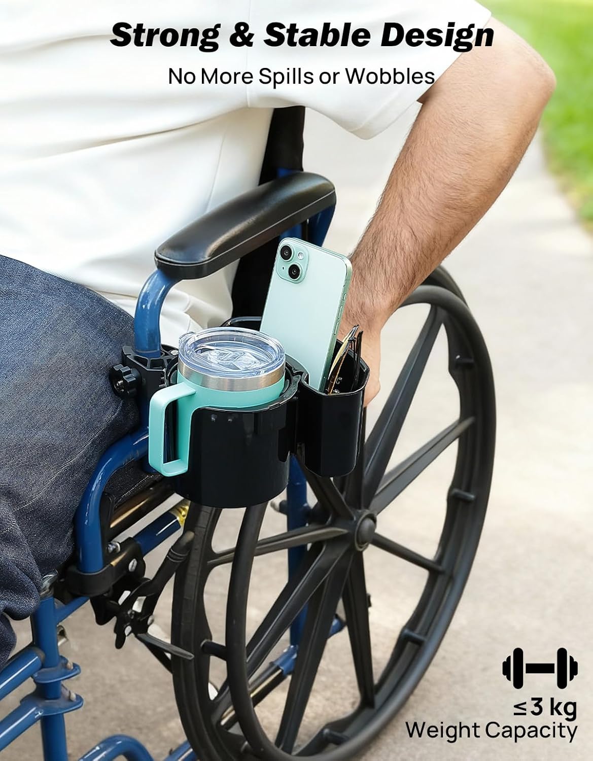 JOYTUTUS Wheelchair Cup Holder 2 Pack, 2-in-1 Walker Cup Holder with 6.4'' Storage Box, Drink Holder for Bottle with Handle, Fit for Wheelchair, Walker, Rollator, Stroller, Camper, Golf cart (Large)