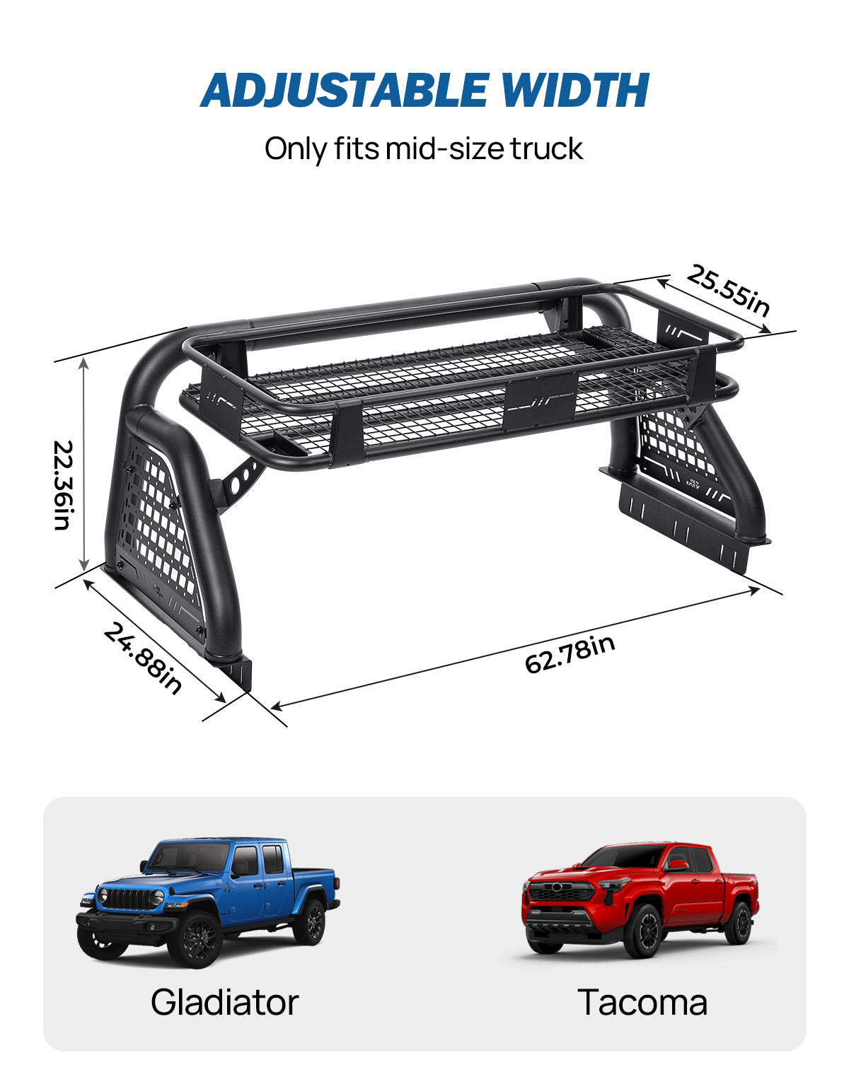 Truck Roll Bar with Cargo Basket for Gladiator JT & Tacoma – Heavy-Duty Mid-Size Truck Chase Rack
