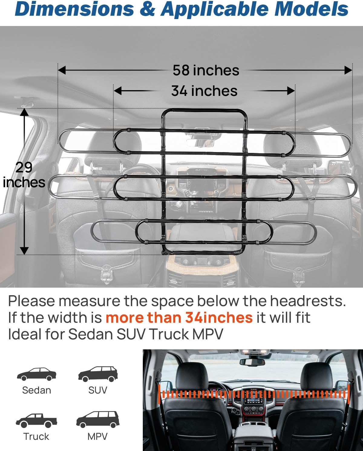 JOYTUTUS Dog Car Barrier, Pet Barrier Follow The Seat Movement 34"- 58" Width Adjustable SUV Dog Barrier for Back Seat, Vehicle Gate Heavy Duty, Ideal for Sedans SUVs Trucks MPVs