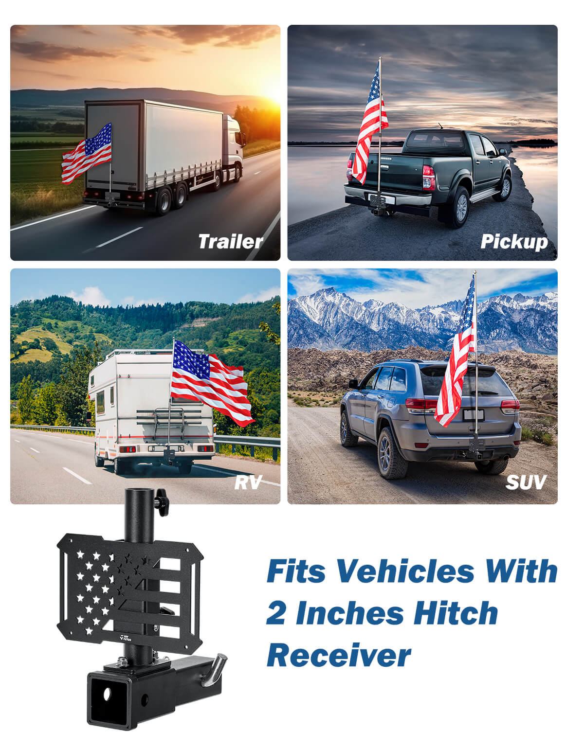 Flag Pole Holder Hitch Mount for Standard 2" Receivers