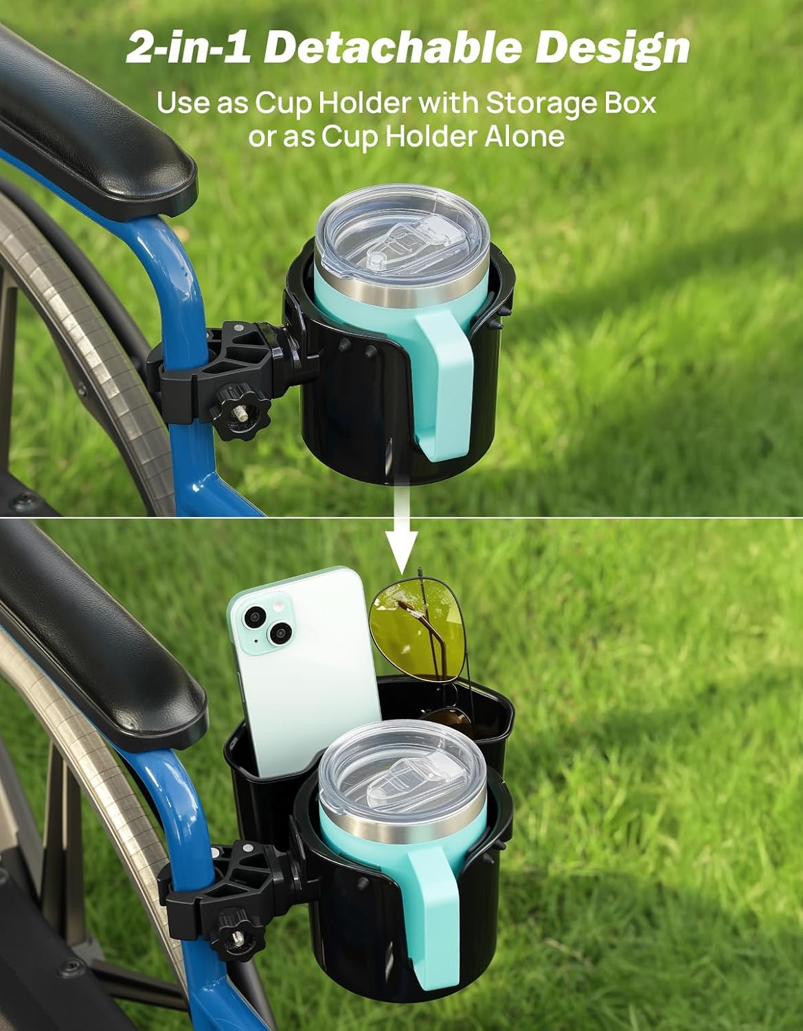 JOYTUTUS Wheelchair Cup Holder 2 Pack, 2-in-1 Walker Cup Holder with 6.4'' Storage Box, Drink Holder for Bottle with Handle, Fit for Wheelchair, Walker, Rollator, Stroller, Camper, Golf cart (Large)