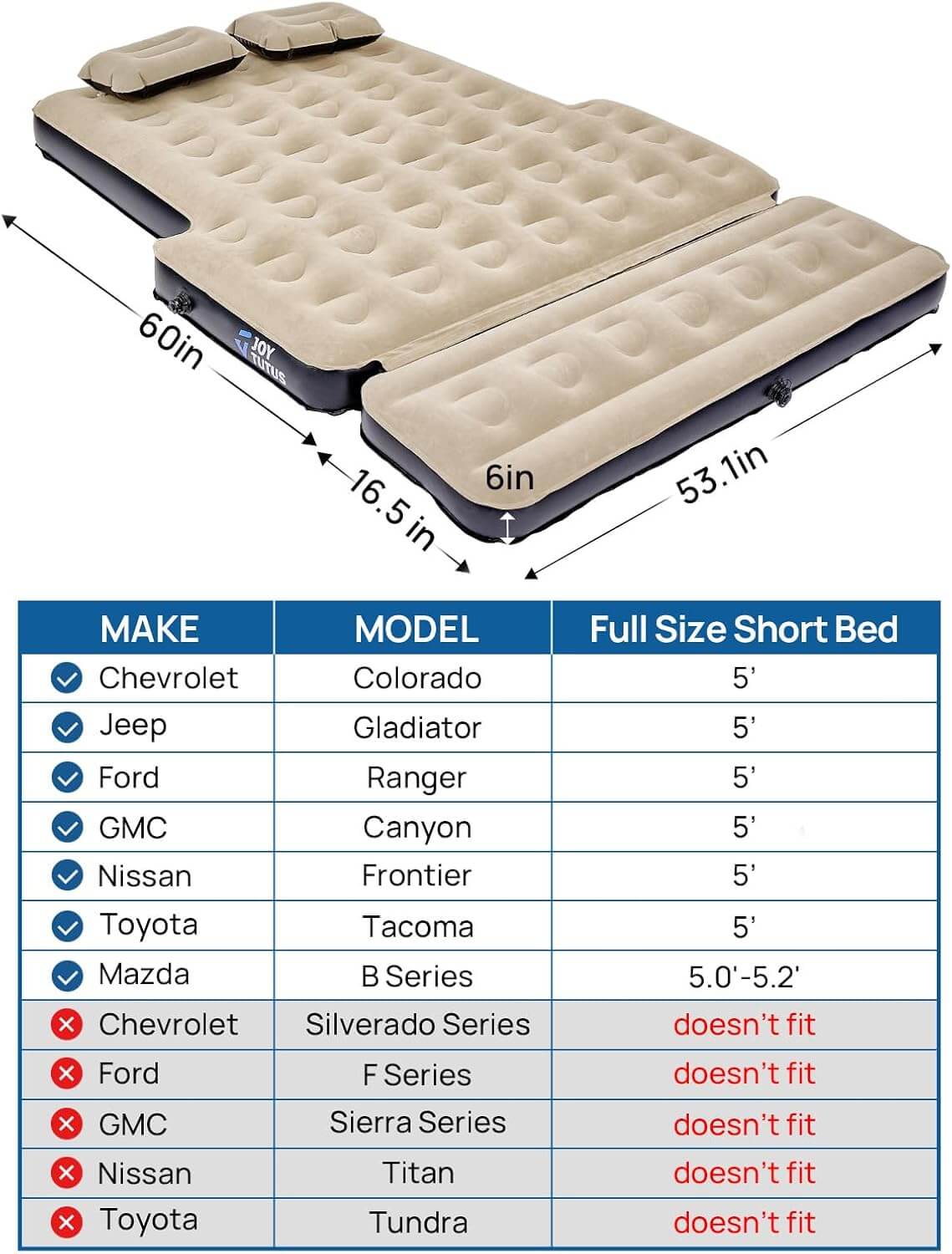 5–5.2 ft Truck Bed Air Mattress for Short Beds with Extension