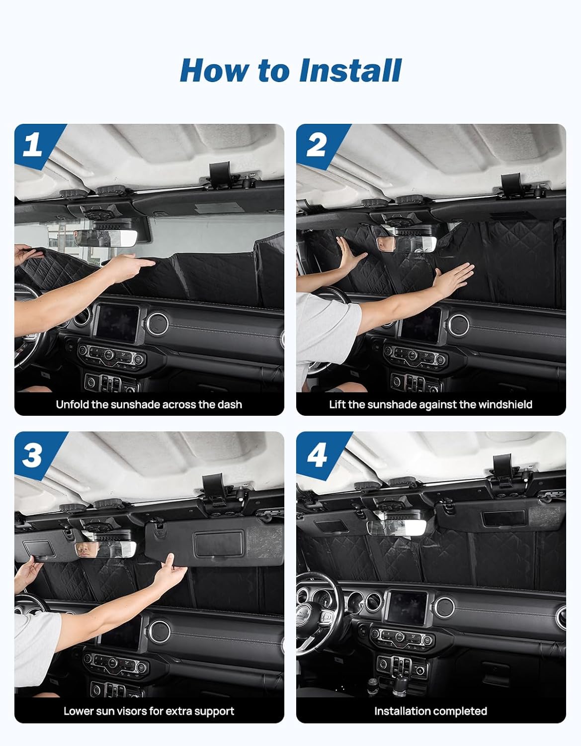 JOYTUTUS Windshield Sun Shade Compatible with Jeep Wrangler JL/JK 2007-2026, Gladiator 2020-2026 Front Window Sunshade - 4-Layer Sunshade