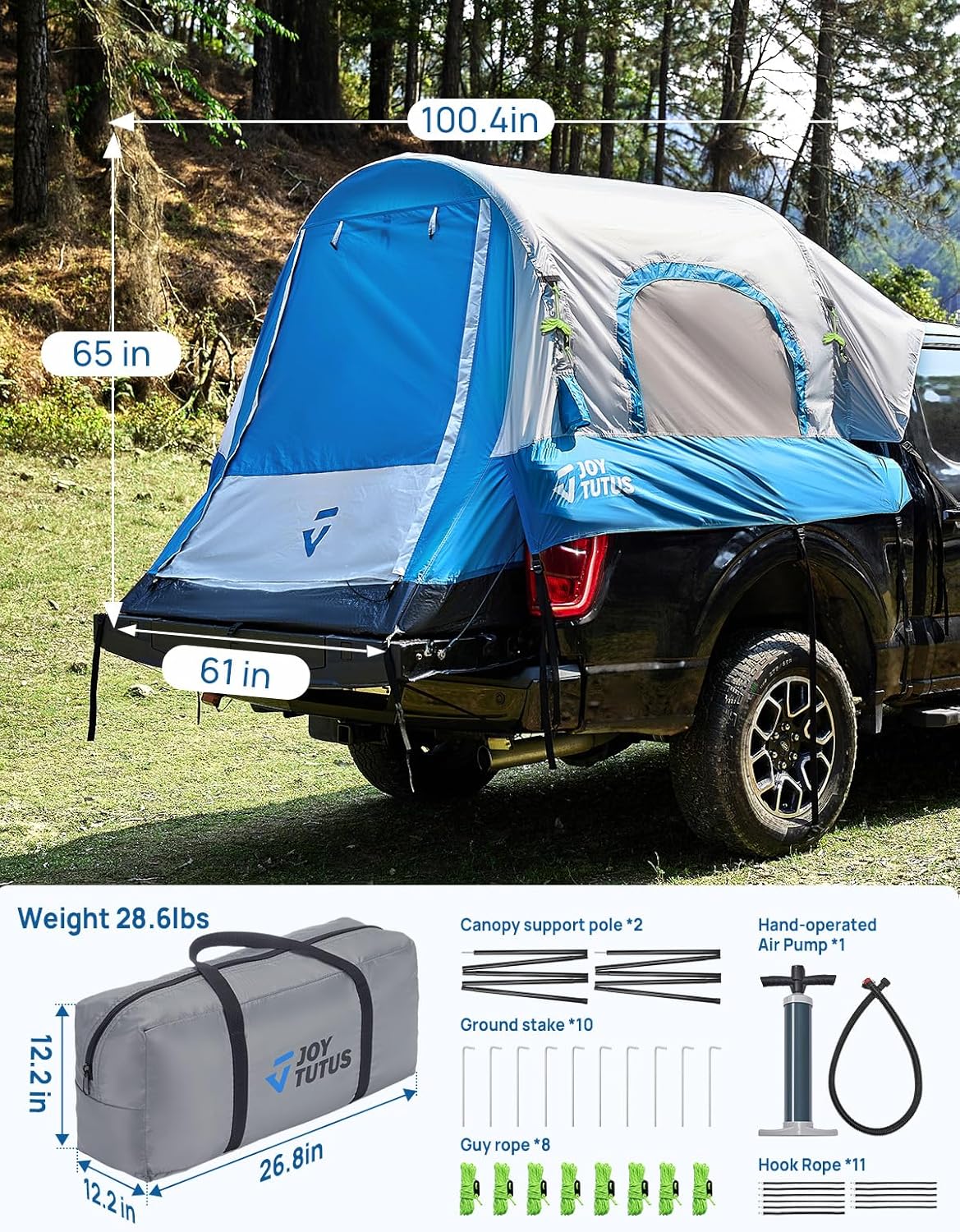 Inflatable Truck Bed Tent with Awning, 30s Quick Setup, Waterproof Roof Shade, 2-Person