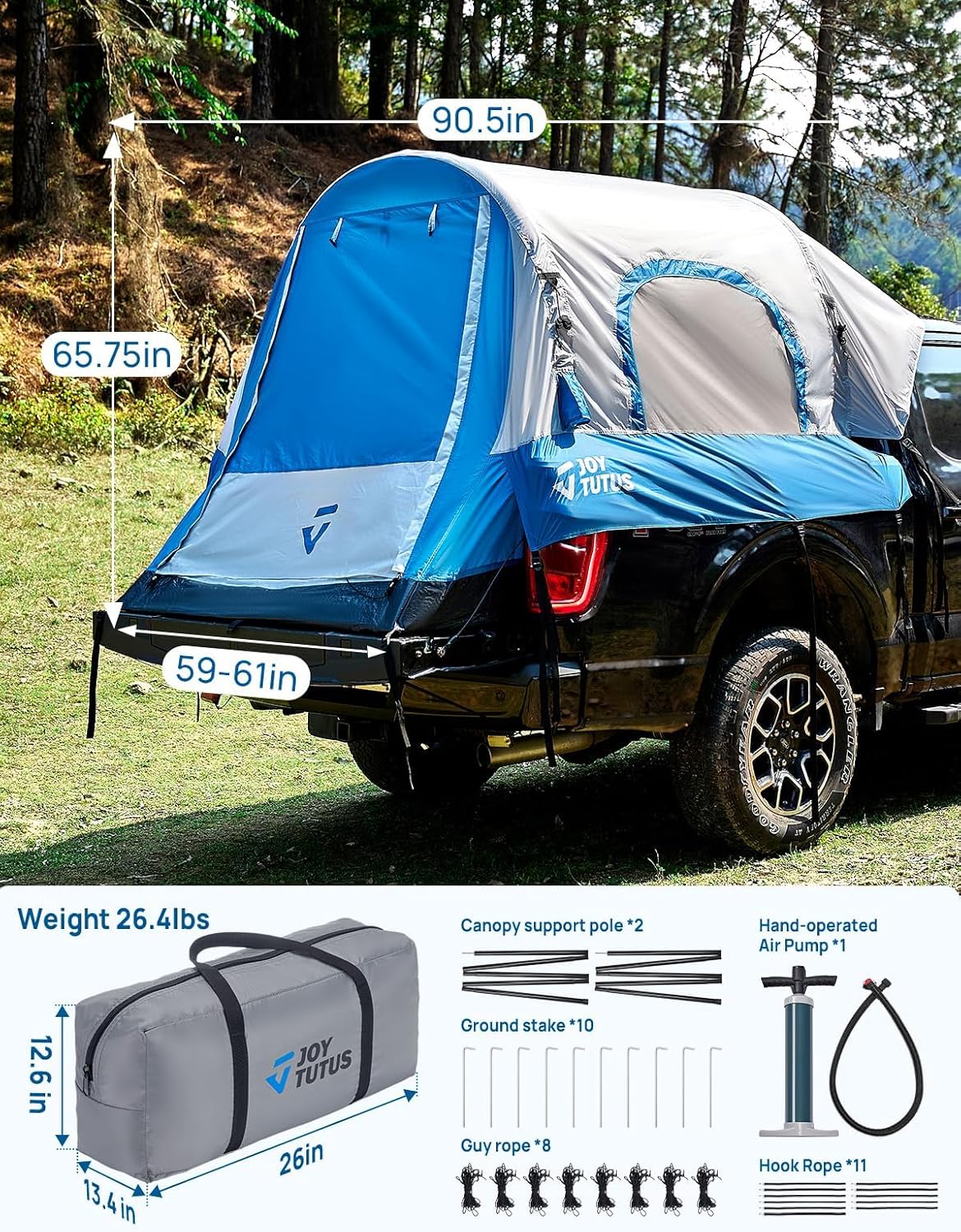Inflatable Truck Bed Tent with Awning, 30s Quick Setup, Waterproof Roof Shade, 2-Person