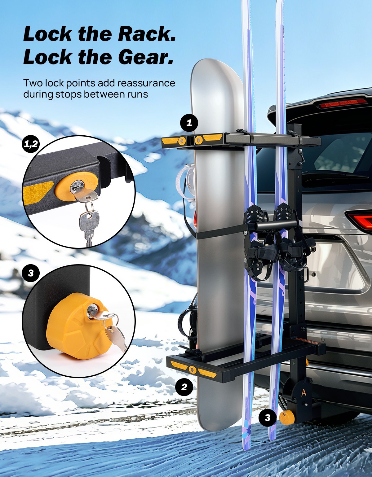 Hitch Ski & Snowboard Rack for 2" Receiver | 120° Tilt, Dual Locking, Holds 6 Pairs of Skis / 4 Snowboards
