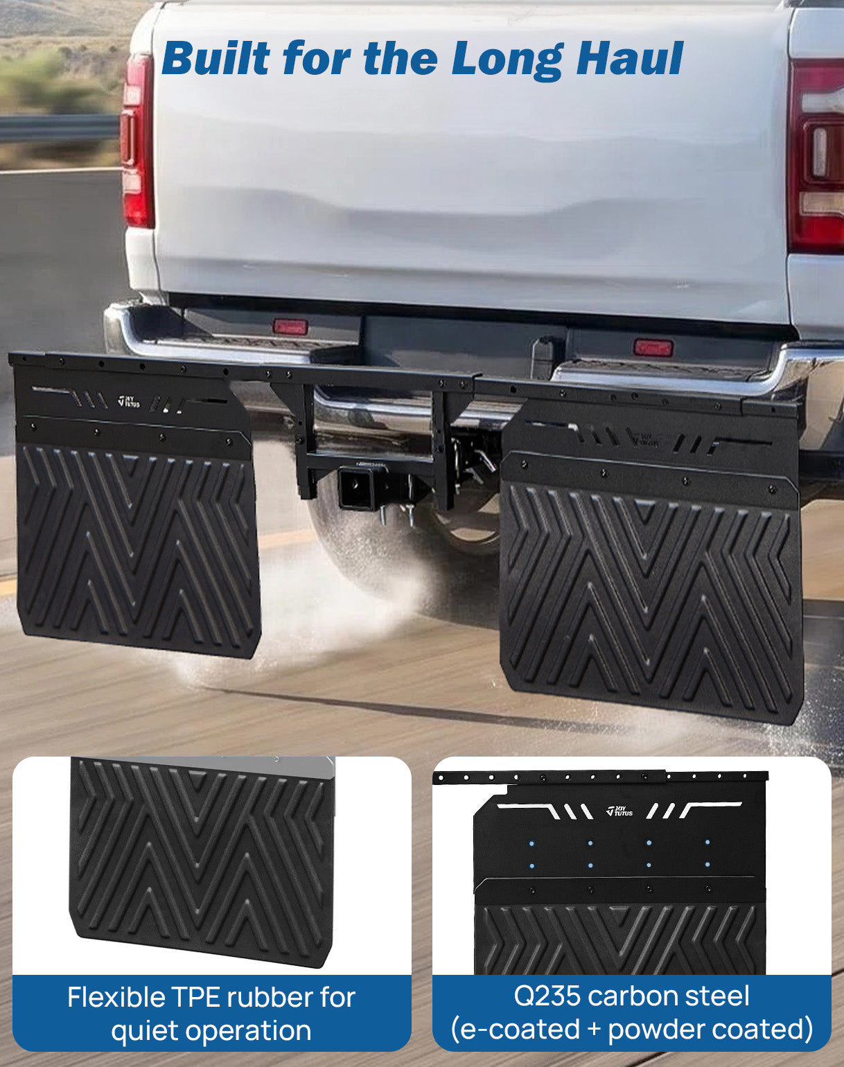 Hitch Mud Flaps for 2.5" Receiver — Adjustable Width 66–97", Heat Deflector Shield