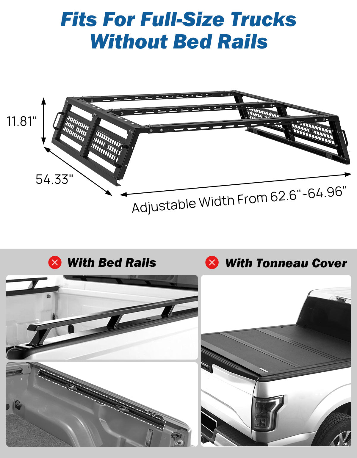Full Size Truck Bed Rack for Overland & Rooftop Tent, Adjustable No-Drill Bed Rack
