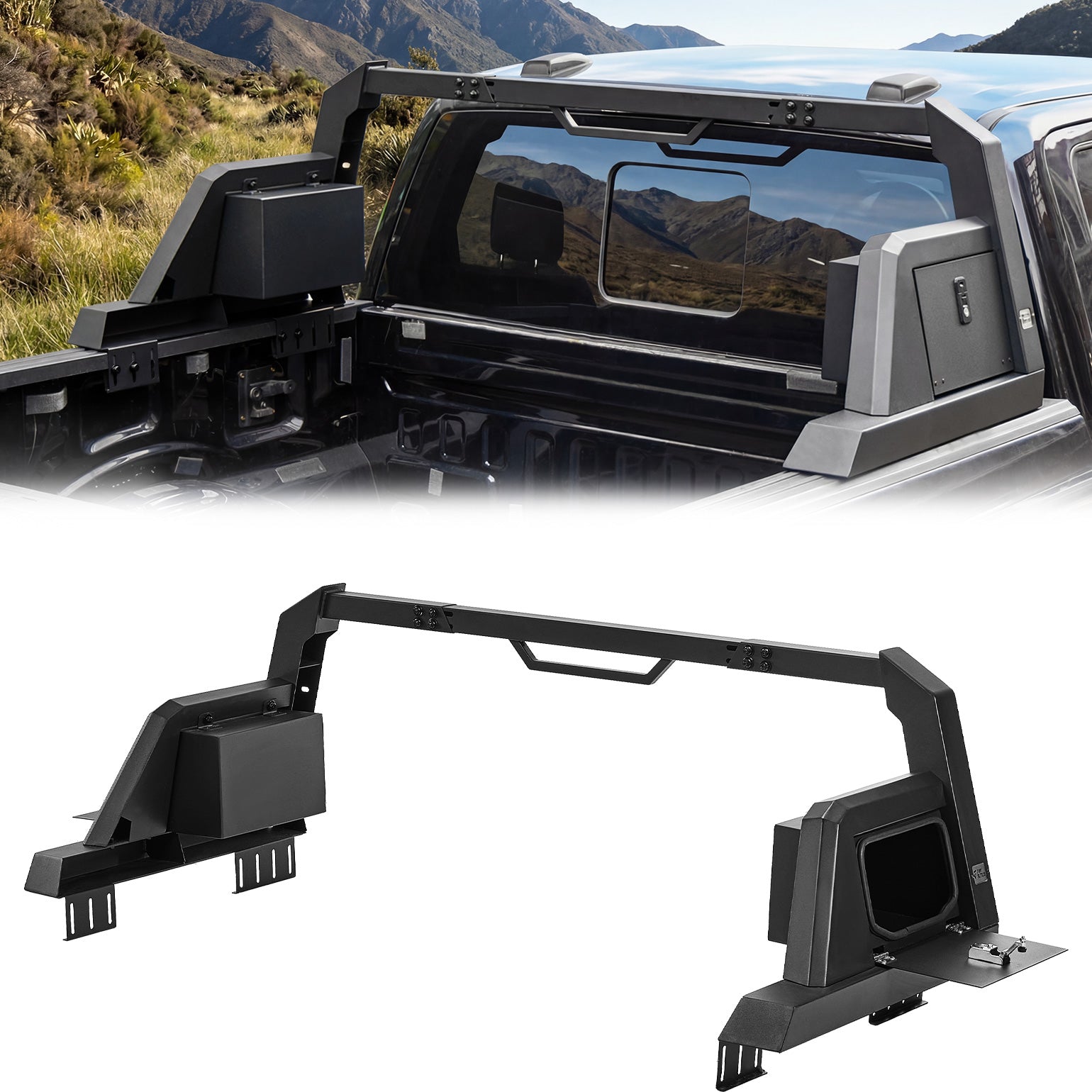 Roll Bar with Lockable Storage Boxes for Full-Size Trucks – Compatible with F150, Silverado, Ram & Tundra