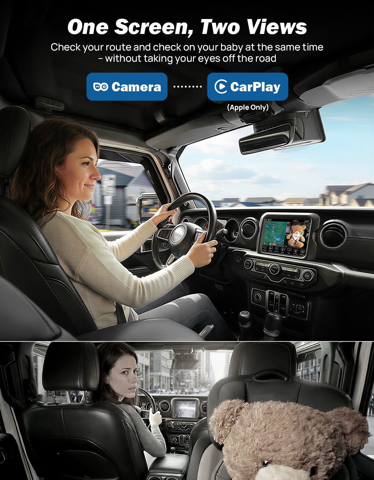 A woman is driving in the top half, looking at the CarPlay. The same woman is looked back worriedly in the bottom half.
