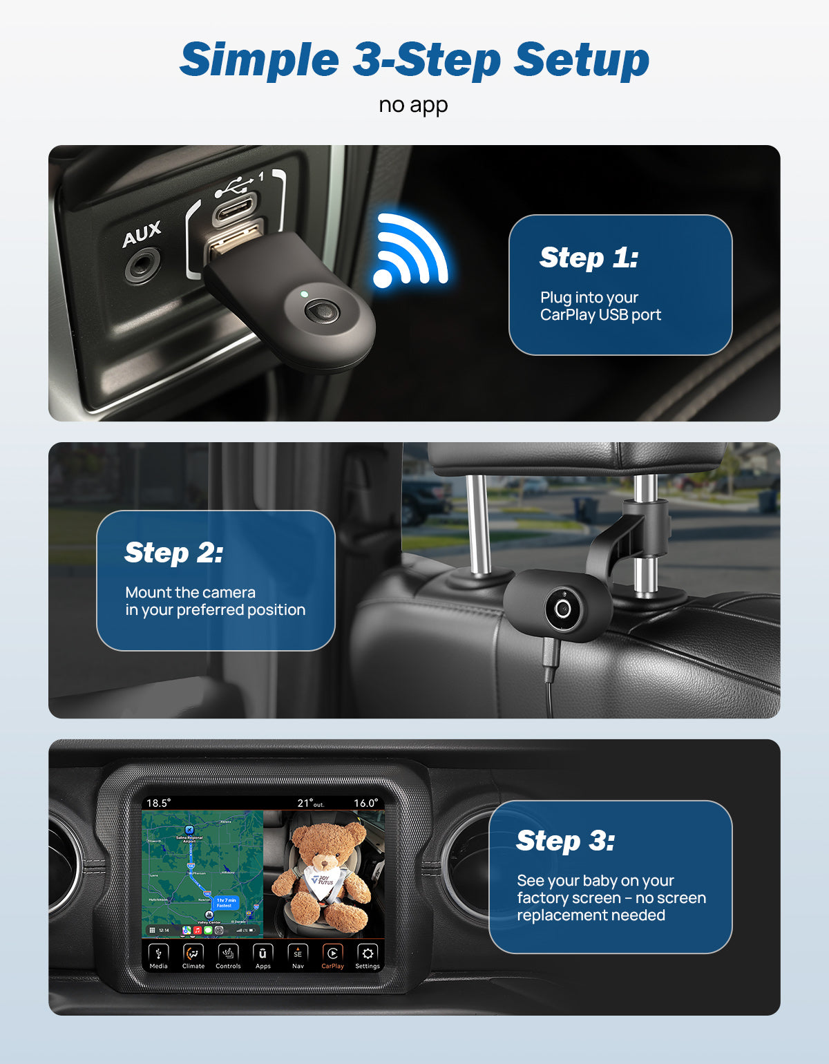 Step-by-step guide for setting up a baby car camera system with images and text instructions.