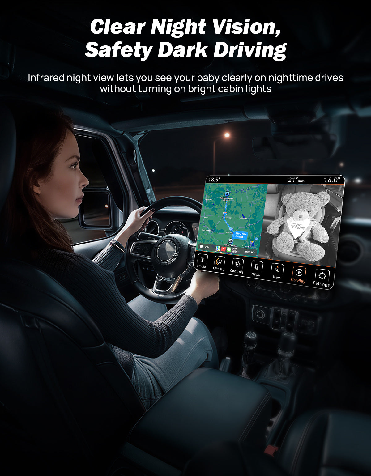 Joytutus baby car seat camera helps see a baby clearly on nighttime drives without bright cabin lights.