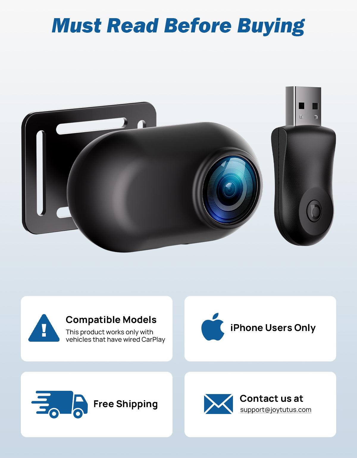 Apple CarPlay baby camera system with USB device on background, featuring compatibility and contact information text.