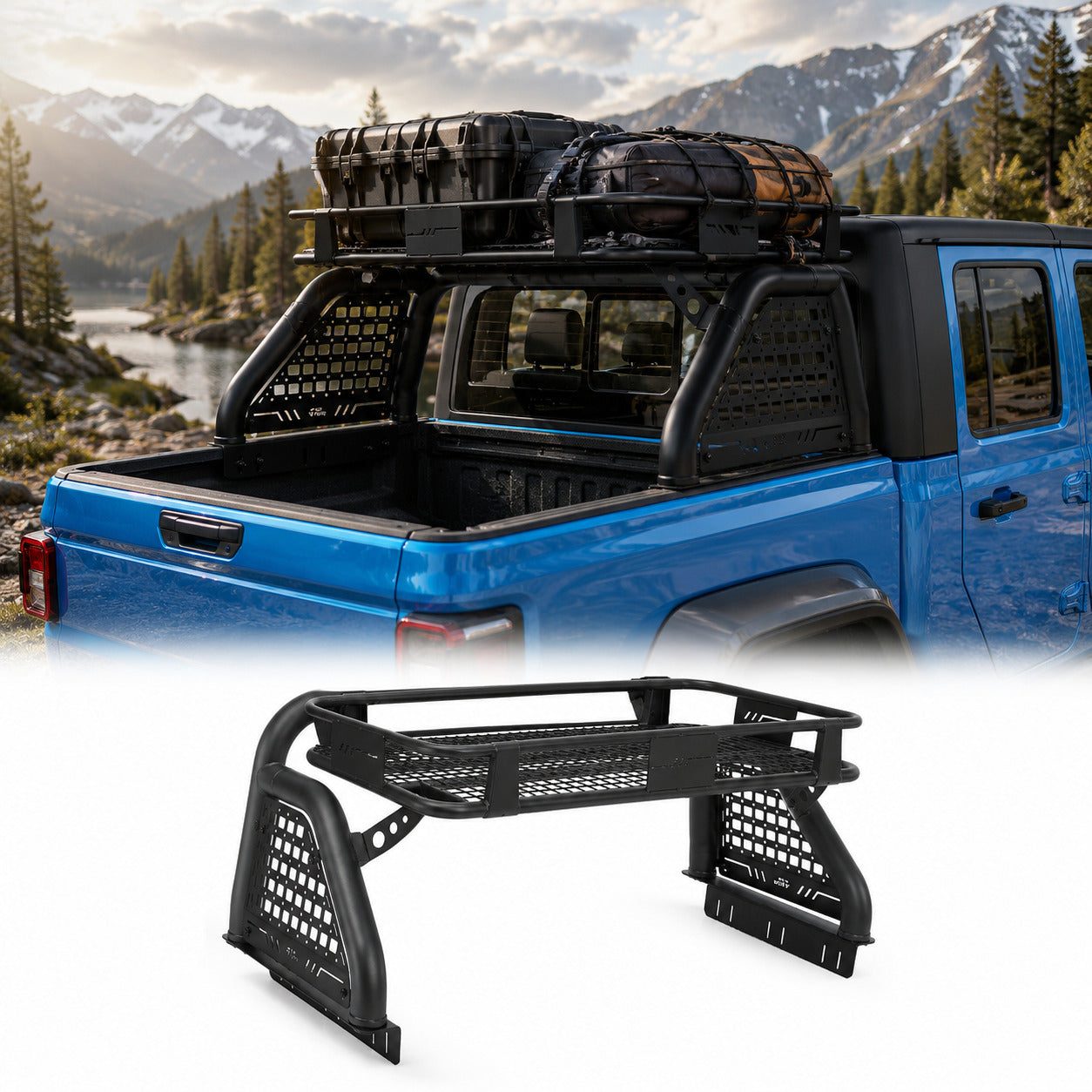 Truck Roll Bar with Cargo Basket for Gladiator JT & Tacoma – Heavy-Duty Mid-Size Truck Chase Rack