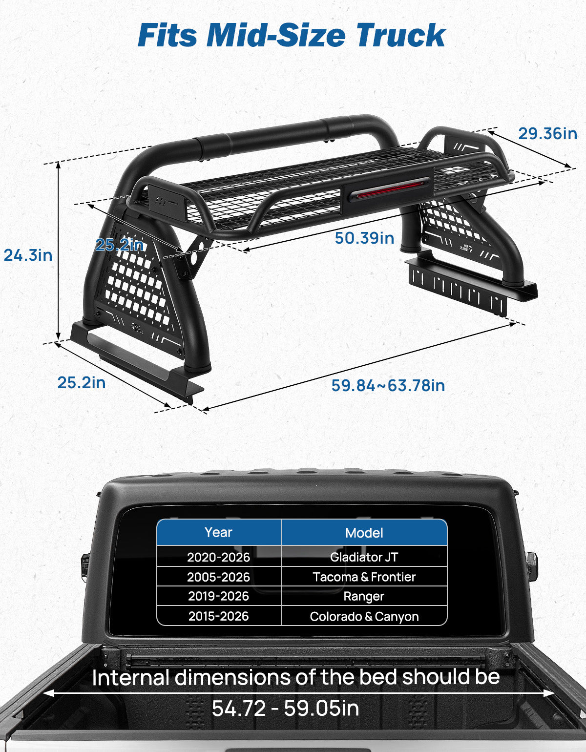 Mid-Size Truck Roll Bar with Cargo Basket & LED Brake Light