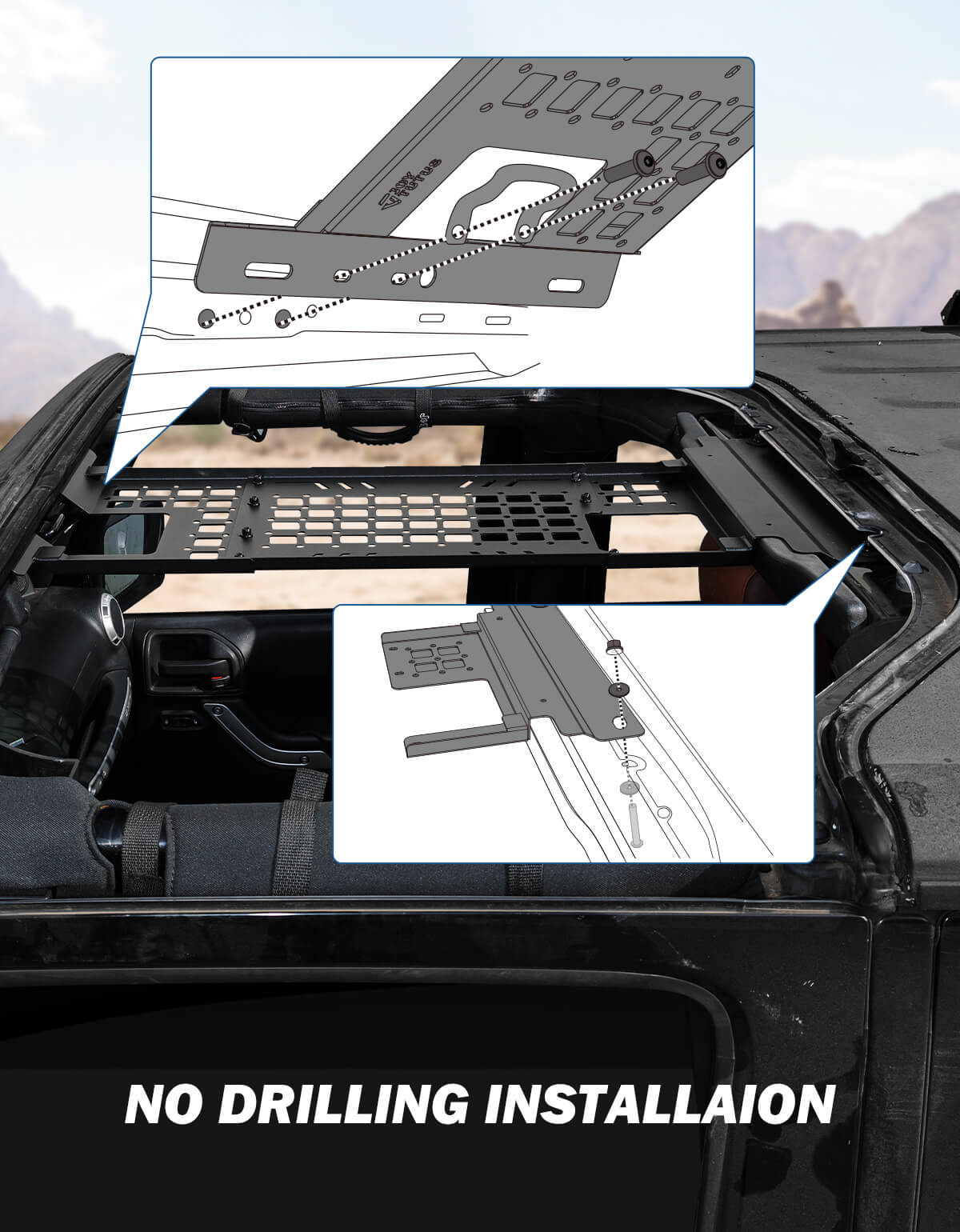 Overhead Molle Panel for Wrangler JK 2007–2018 Hard Top, No-Drill Rack