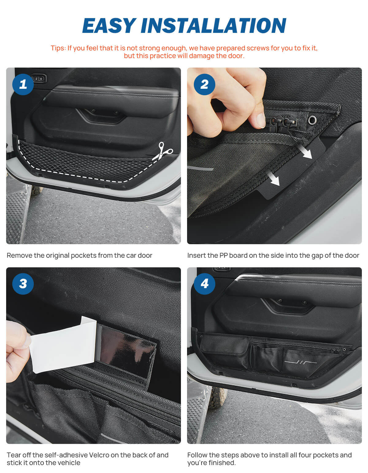 Car Door Storage Pockets Compatible with Wranlger JL & Gladiator JT, 4 Packs