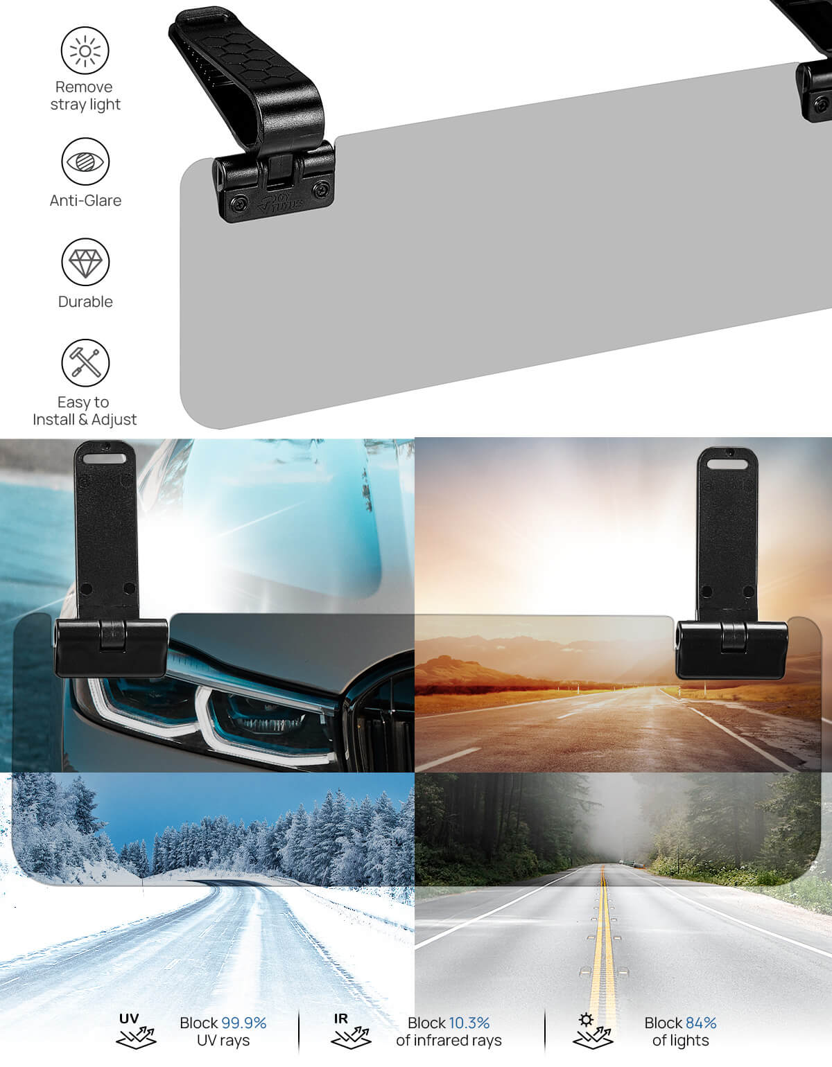 Double-Clamp Polarized Sun Visor for Car