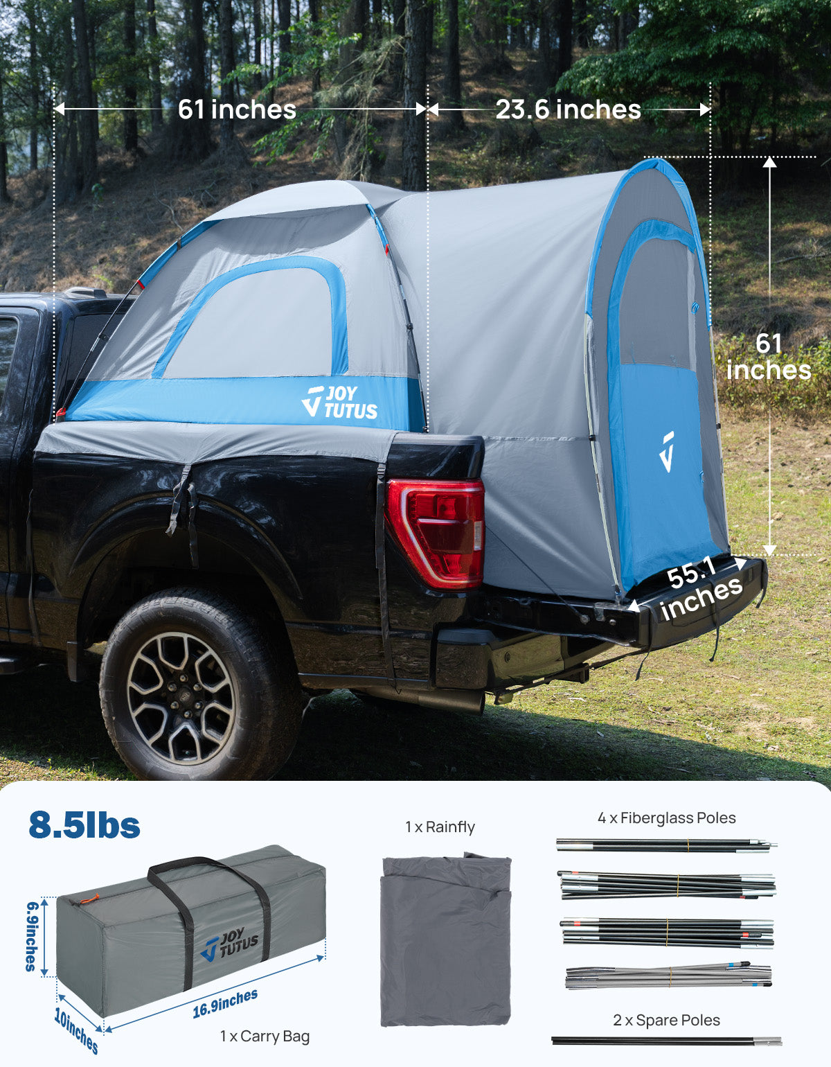 Truck Bed Tent with Rainfly, PU2000 Waterproof Double Layer, 2-Person – Gray Blue