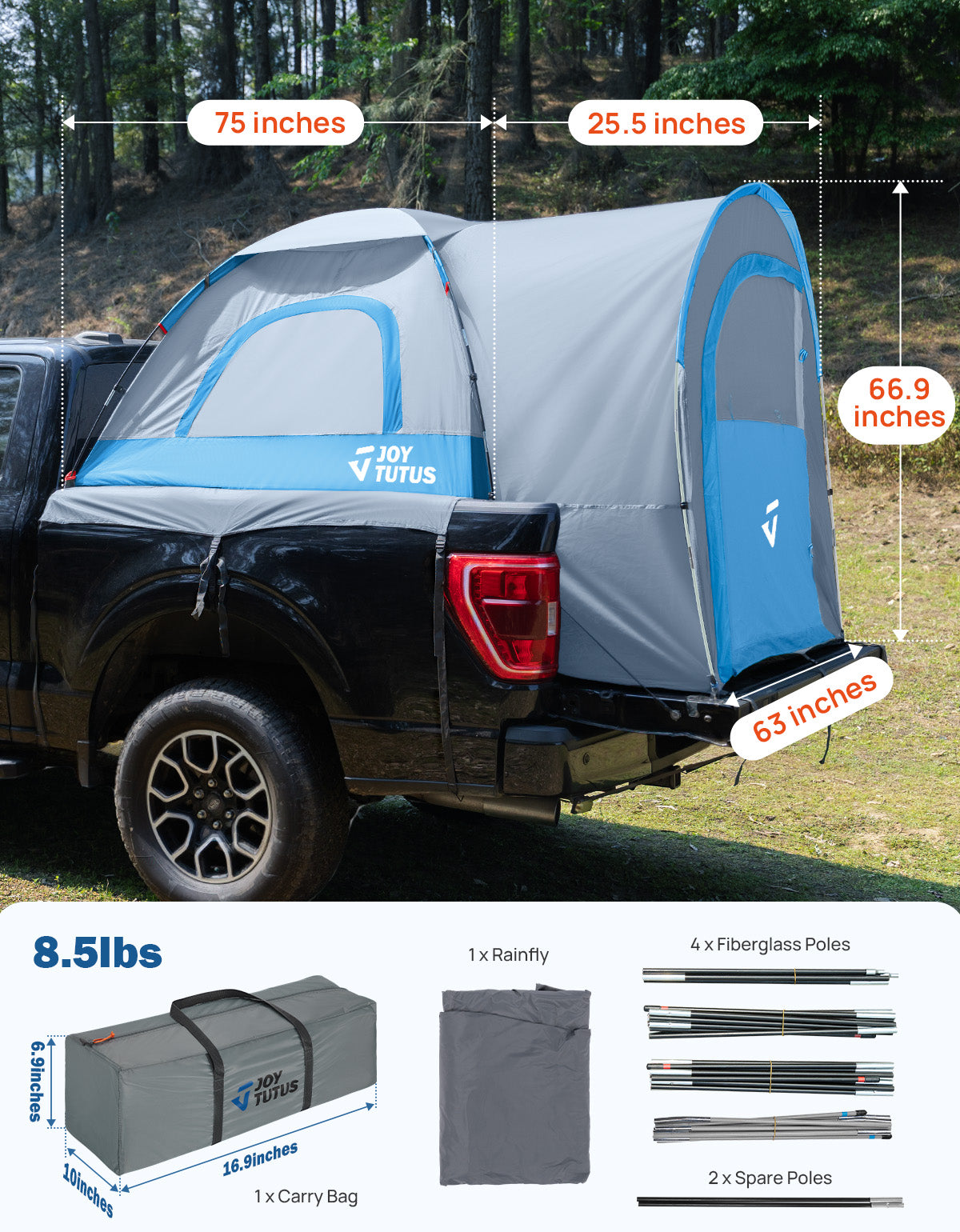 Truck Bed Tent with Rainfly, PU2000 Waterproof Double Layer, 2-Person – Gray Blue