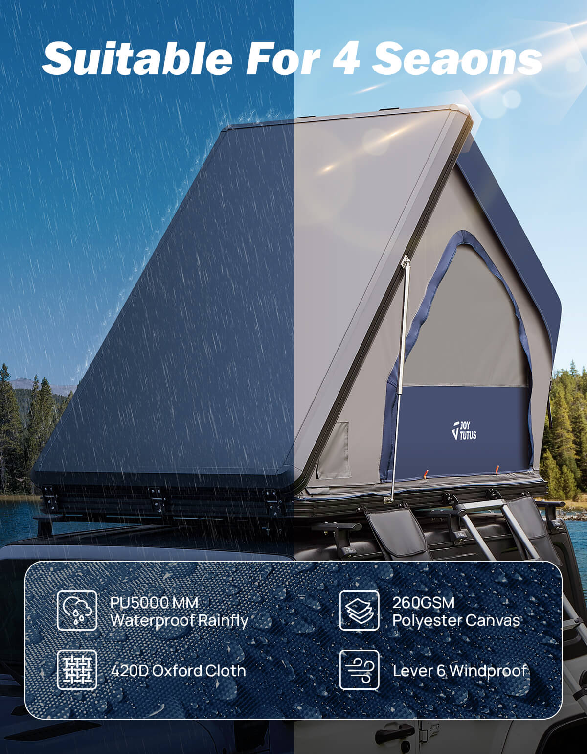 Hard Shell Aluminum Rooftop Tent for 2–3 People with LED & Skyview