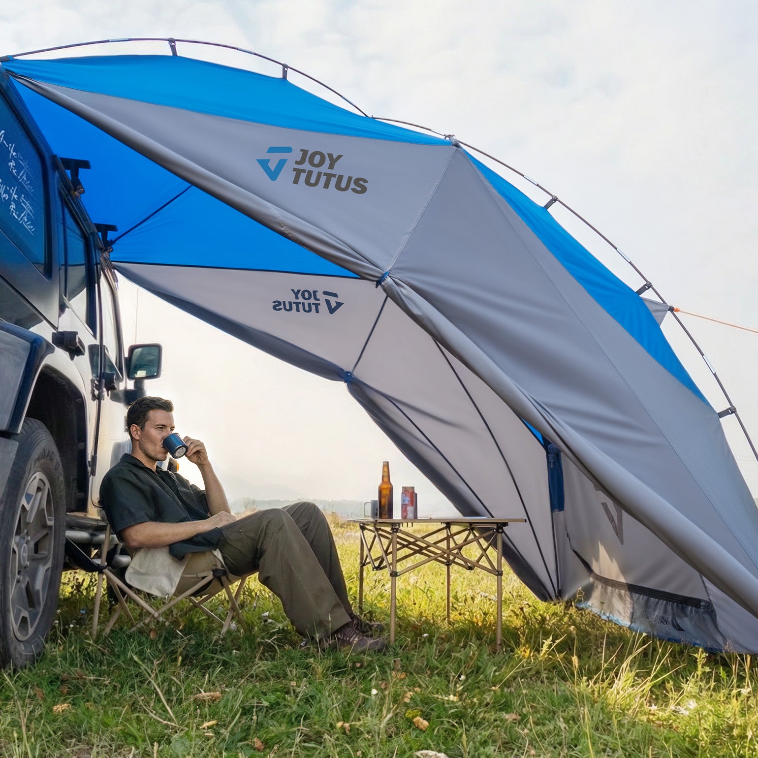 Universal Vehicle Gray Blue Shelter Awning with 3-Side Sunshade