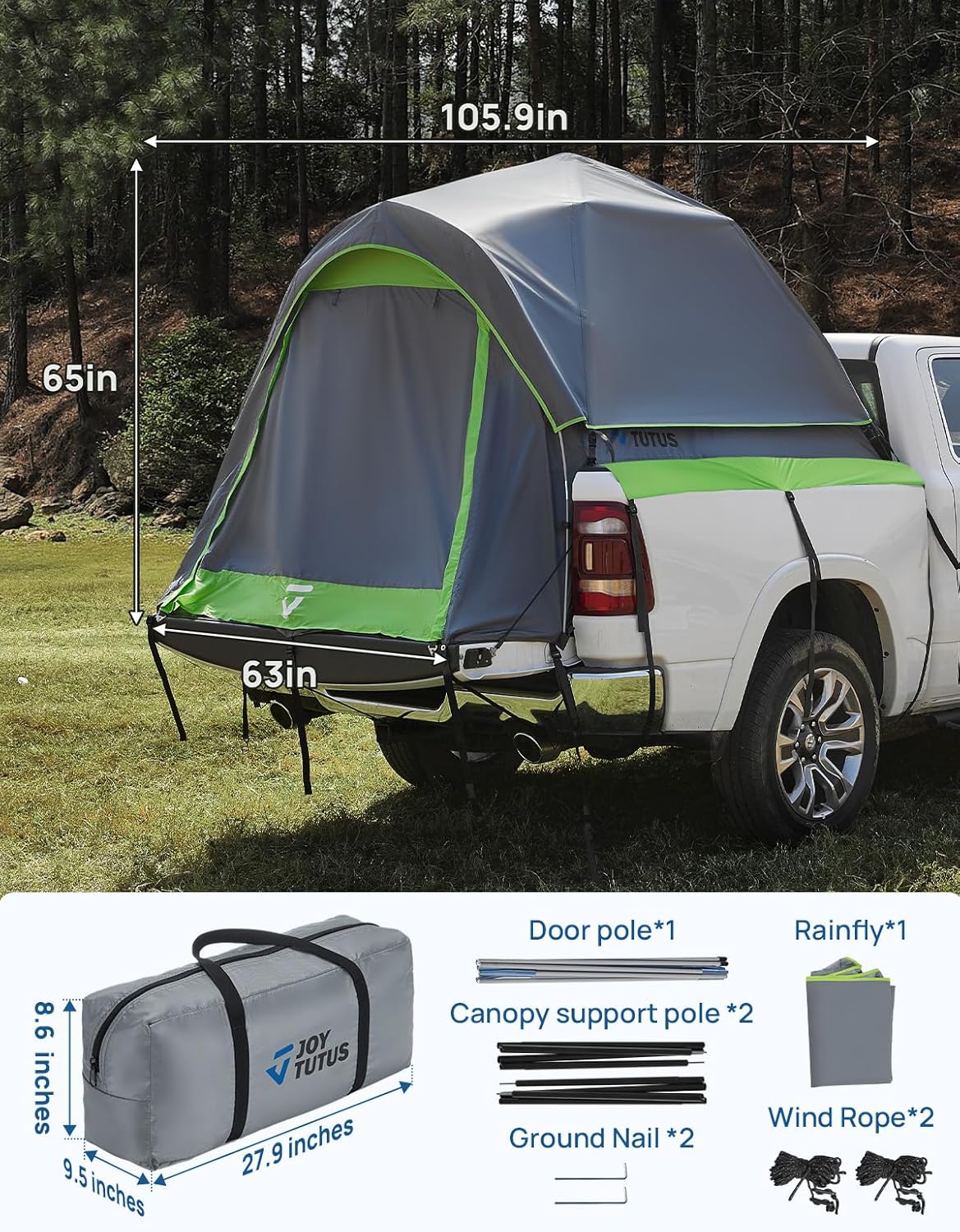 Semi-Automatic Truck Bed Tent with Awning – Quick Setup 2-Person Pickup Tent