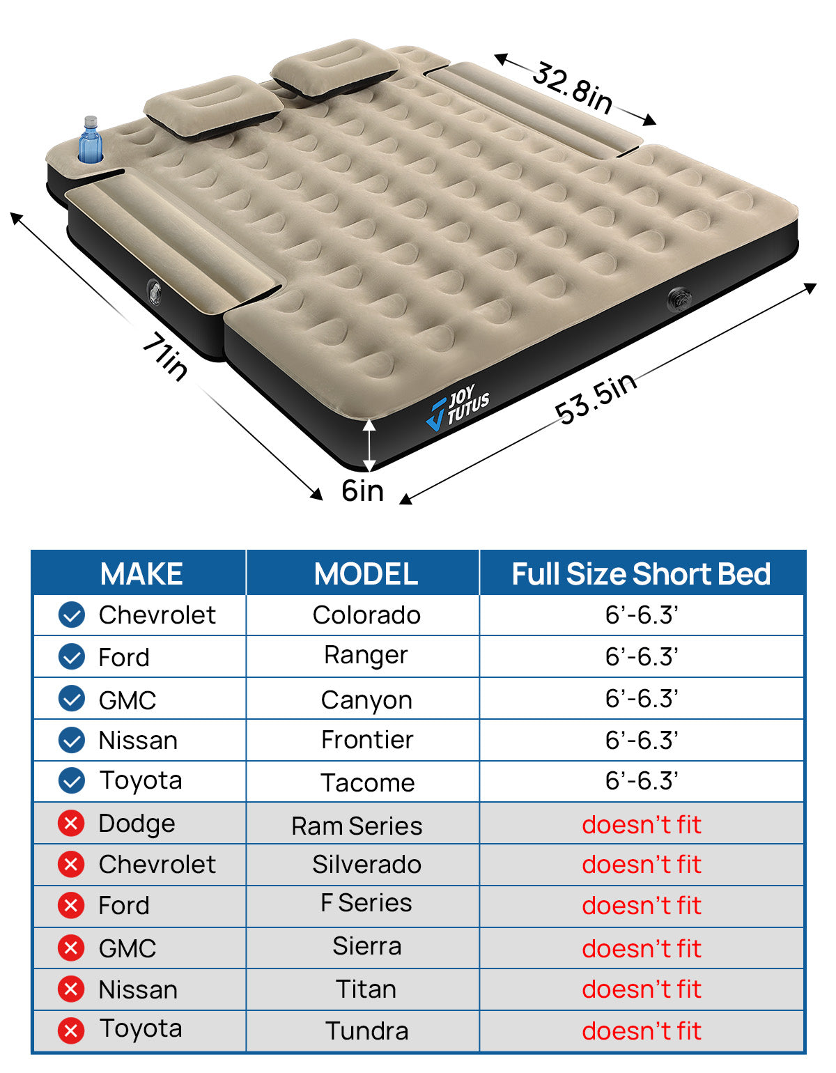 5.5–6.7ft Truck Bed Air Mattress, Inflatable Camping Mattress, Camel and Black