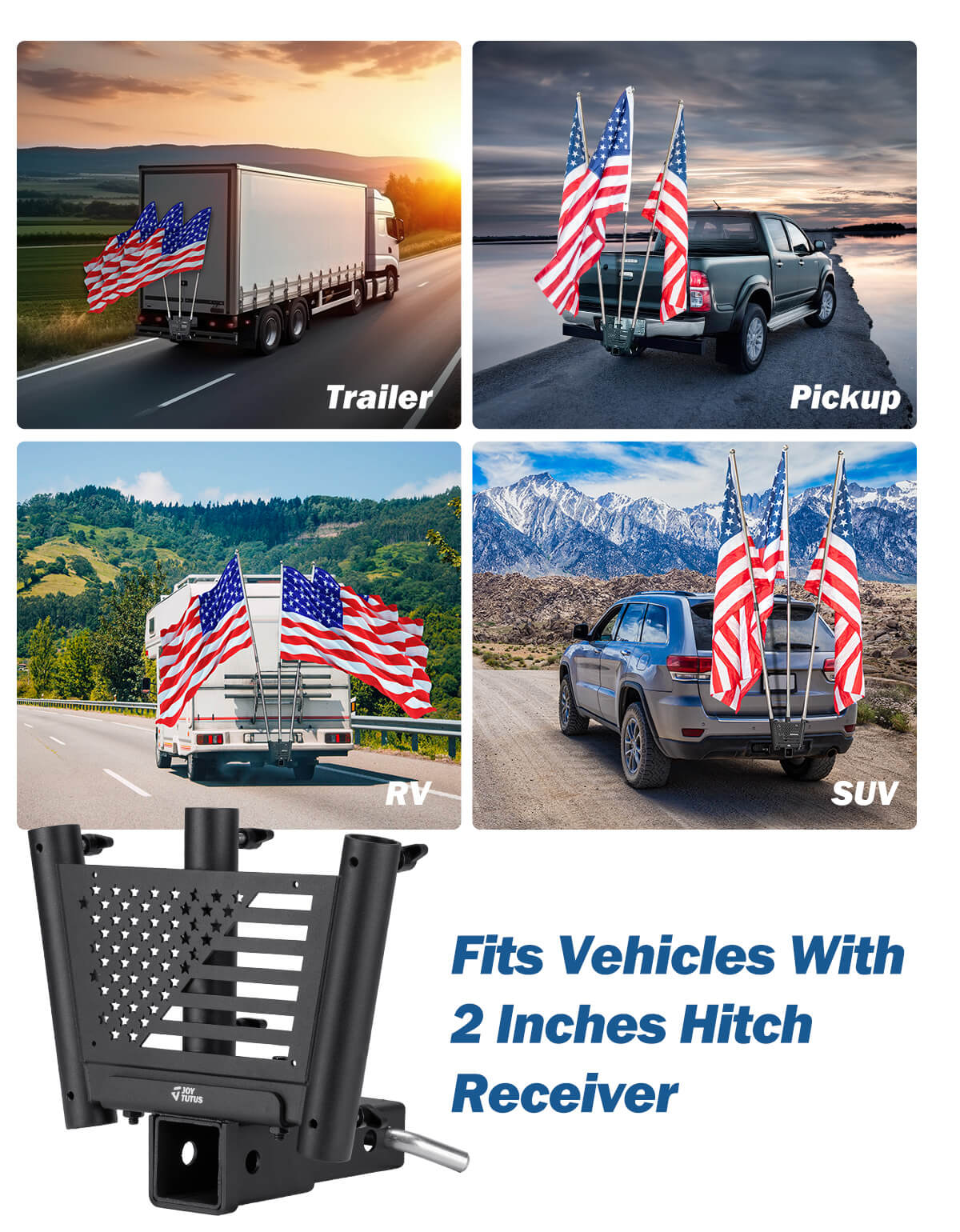 Hitch Mount Flag Pole Holder for Standard 2 Inch Receivers - Heavy Duty 3-Hole
