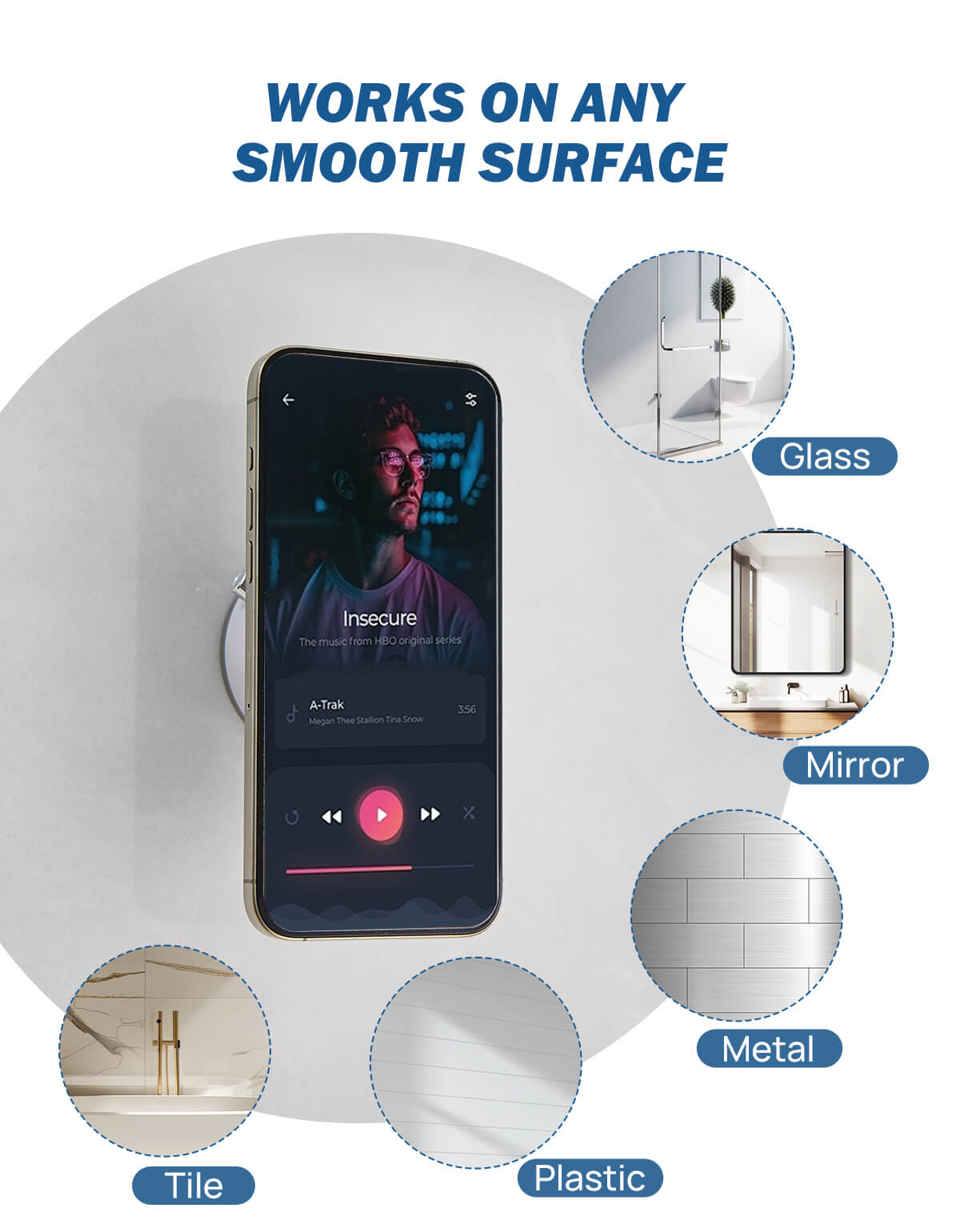 Suction Cup Shower Phone Holder for Mirror, Tile, Kitchen & Window