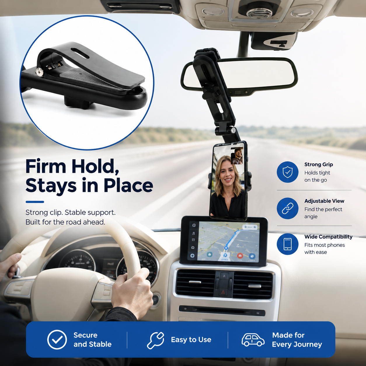 360° Rotating Car Phone Holder for Sun Visor & Rearview Mirror
