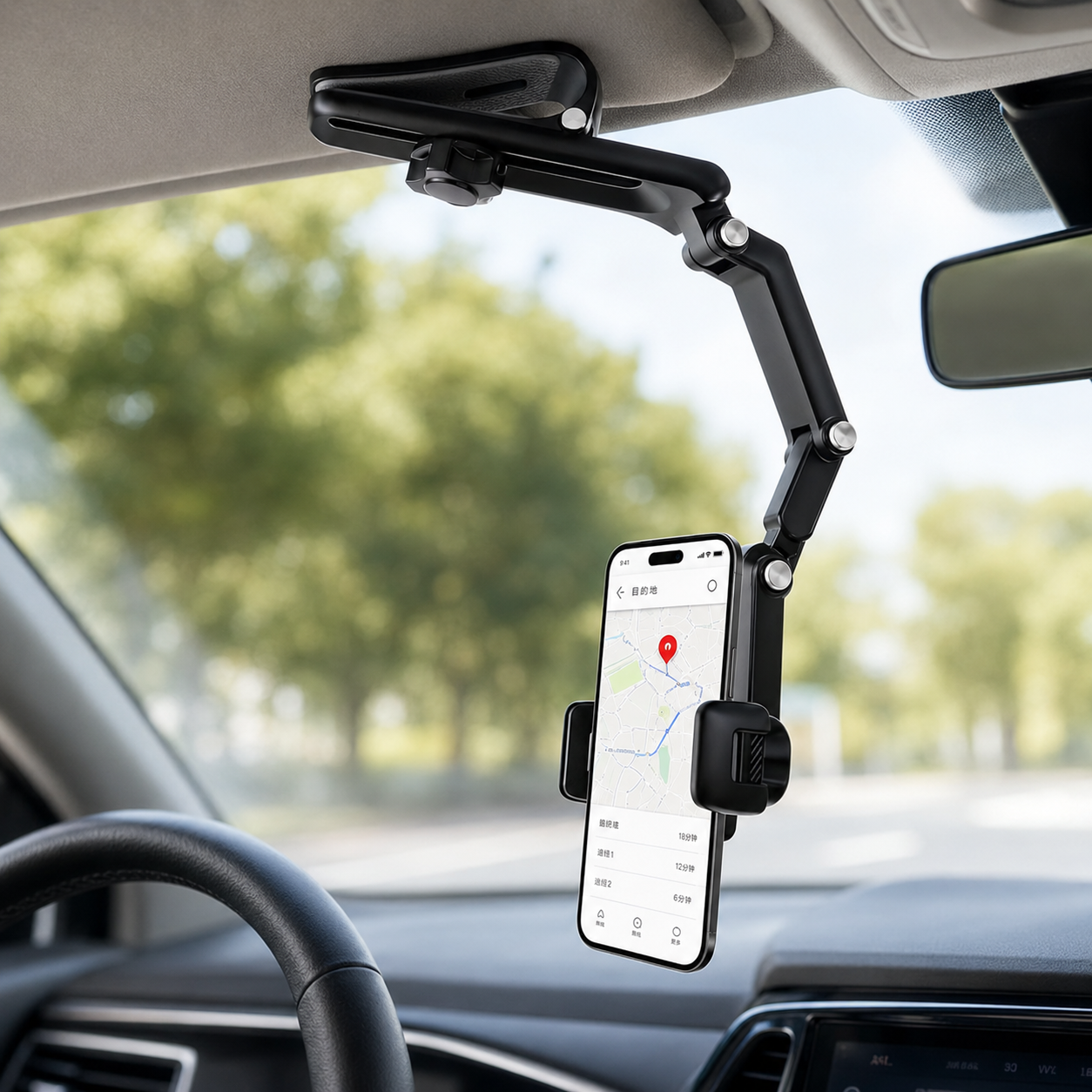360° Rotating Car Phone Holder for Sun Visor & Rearview Mirror