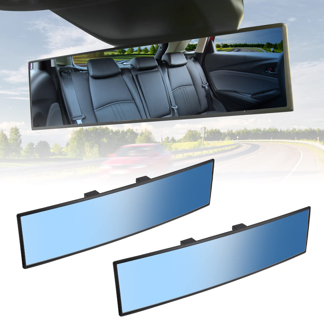 Rear View Mirror, Universal 11.81 Inch Panoramic Convex Interior Clip-on Wide Angle Mirror-Blue