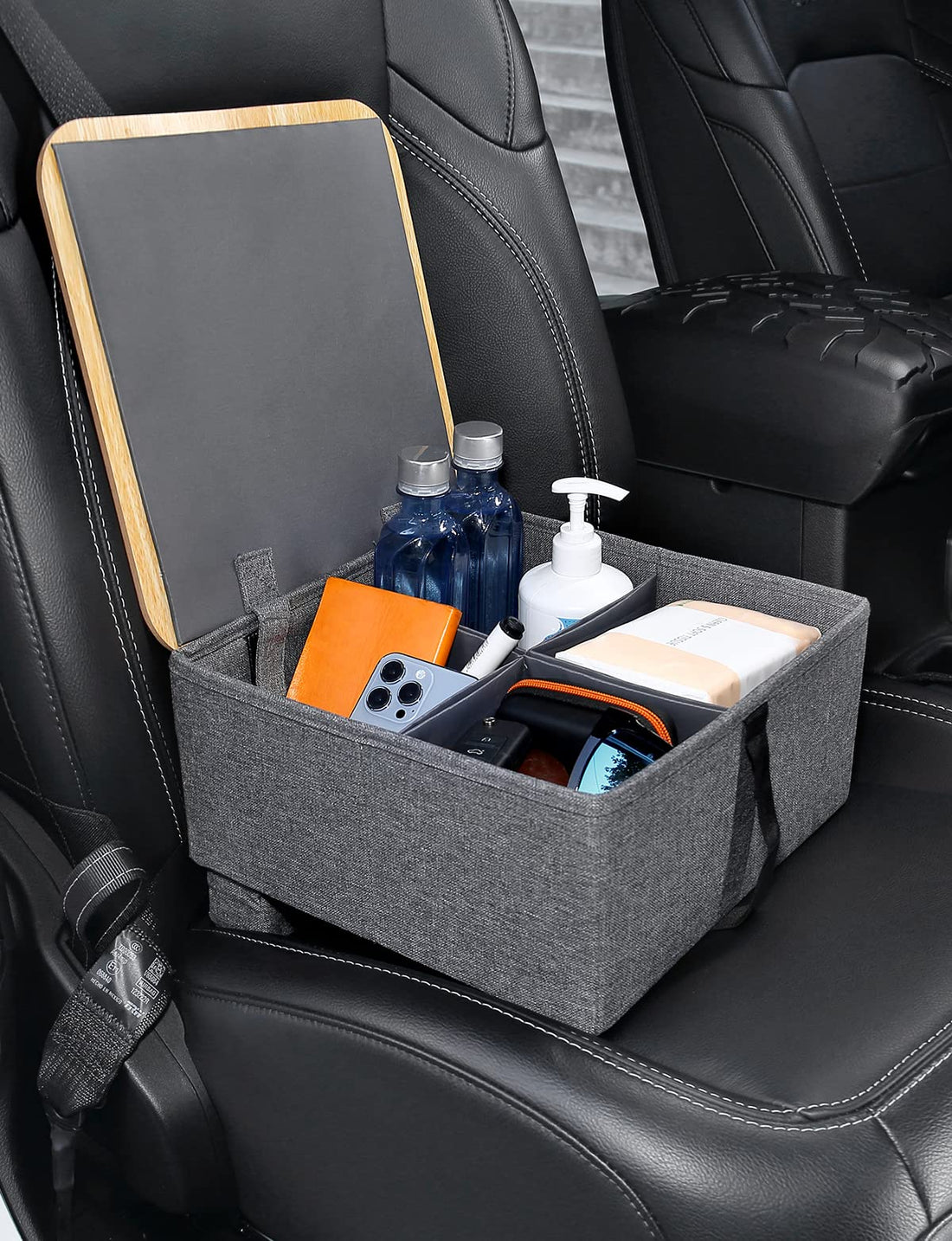 Car Seat Organizer, Stable Car Storage Organizer with Detachable Bamboo Cover, 4 Adjustable Dividers and Fastening Belt