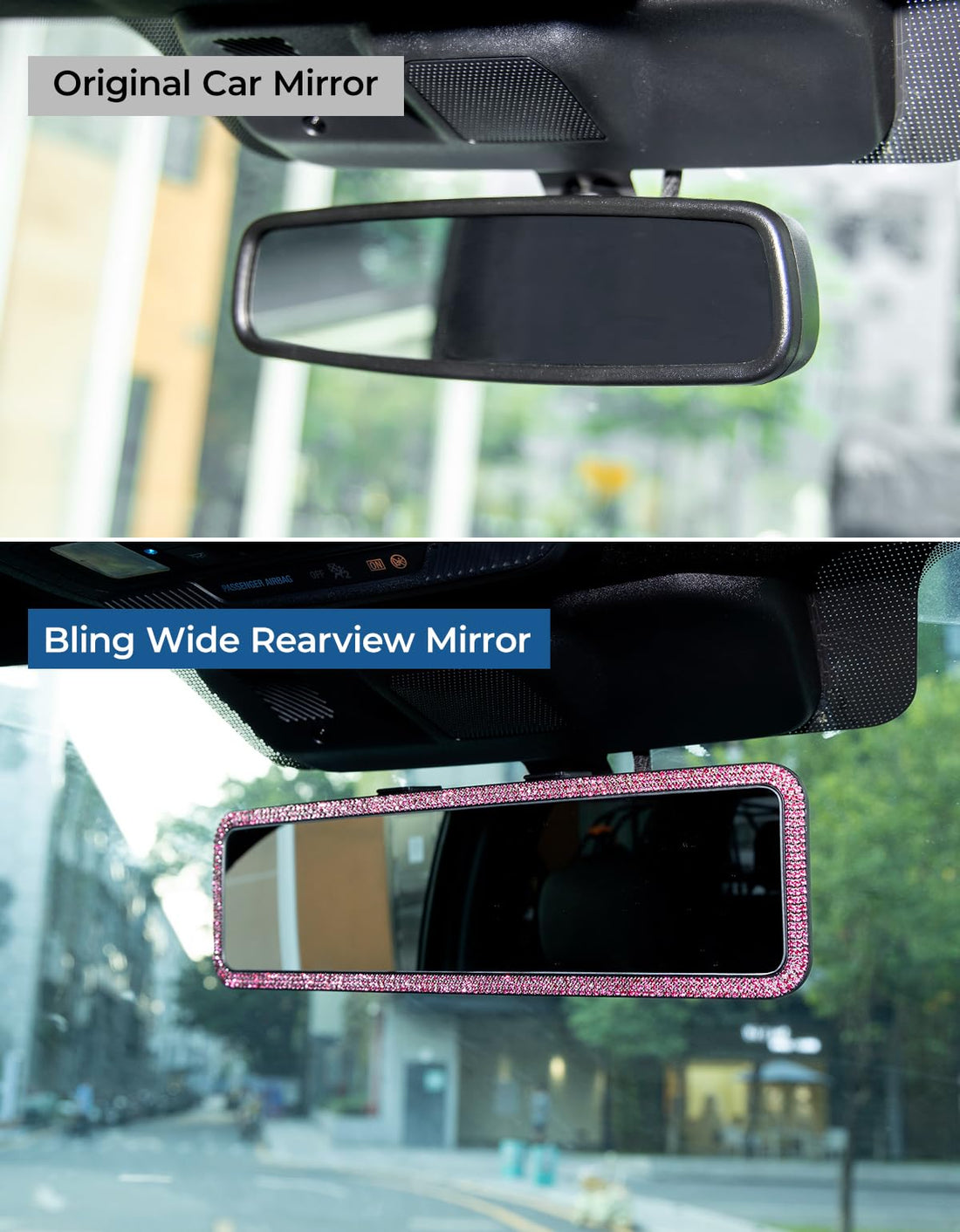 JOYTUTUS Bling Car Rear View Mirror, Universal 11.81 Inch Panoramic Rearview Mirror Accessories -Pink